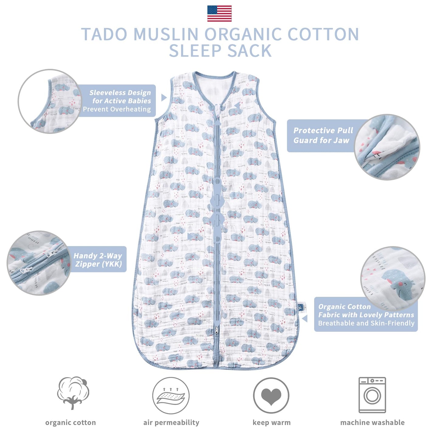 TADO MUSLIN Saco de dormir para bebé, 100 % algodón orgánico, manta para niños pequeños, 0,5 TOG (2-4T)