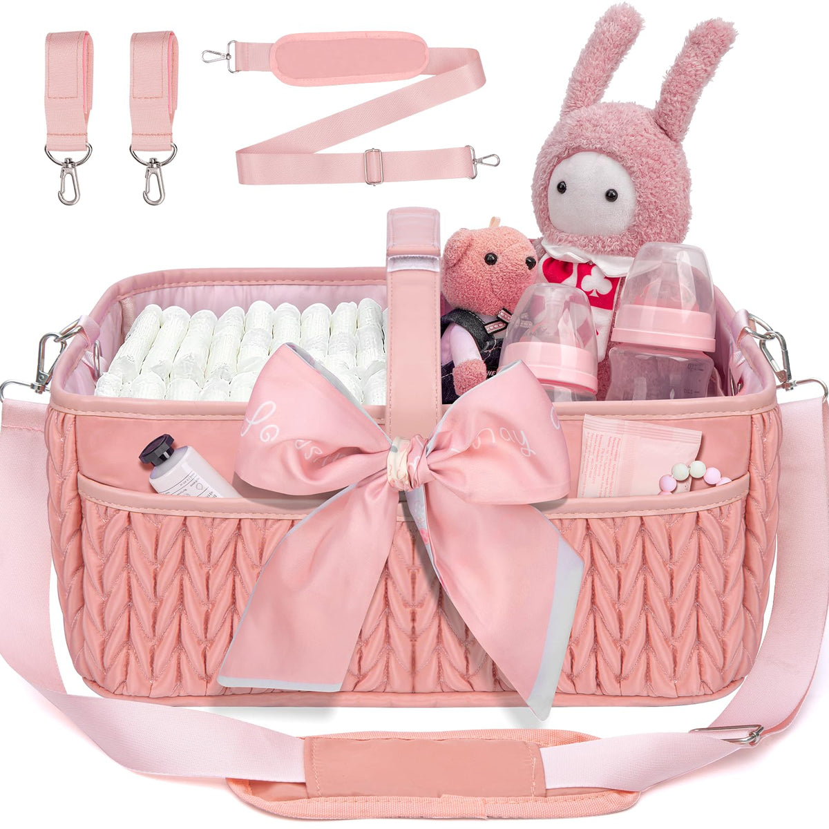 HLWDFLZ Organizador de pañales para bebé, Cesta Grande para pañales con Correa de Hombro Ajustable, Bolsa de Viaje portátil para automóvil con Clips para Cochecito, Esencial para recién Nacidos G