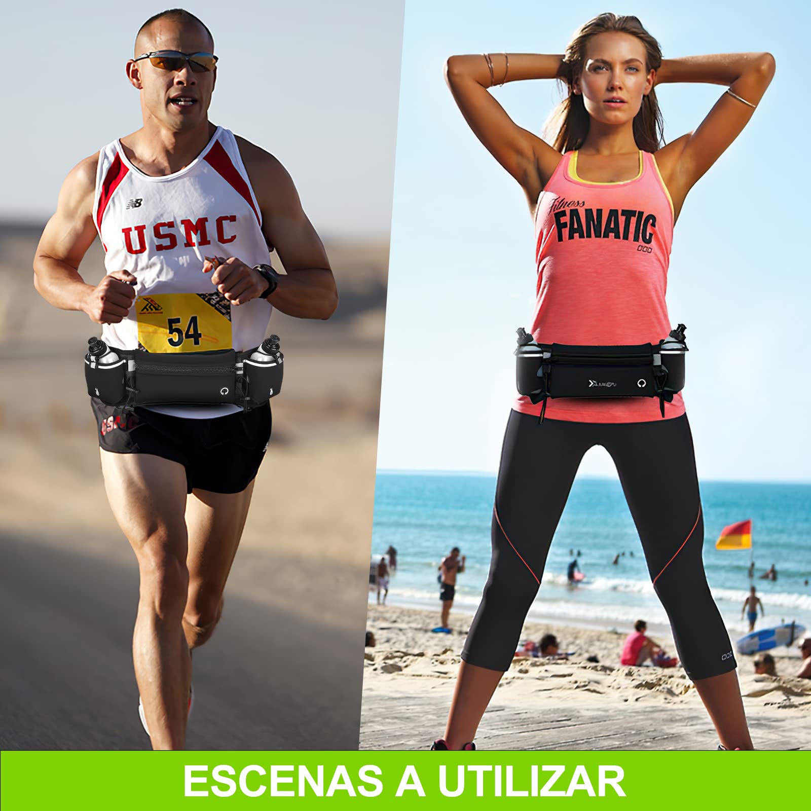 Cangurera Deportiva,HONGHCL Riñonera Deportiva con 2 Botellas de Agua,Cangurera Deportiva para Correr,Bolsa Deportiva con Cinturón Regulable,Bolsillos de Auricular y Teléfono(Negro)