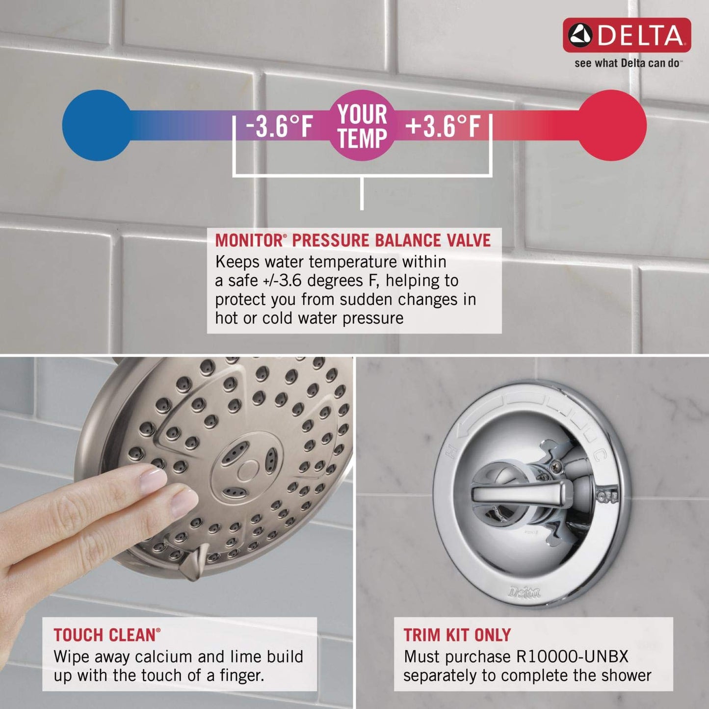 Delta Faucet Dryden 14 Series - Kit de molduras de bañera y ducha de una sola función con cabezal de ducha de limpieza táctil, cromo, flujo de agua de 2.0 GPM, T14451-WE (válvula no incluida)