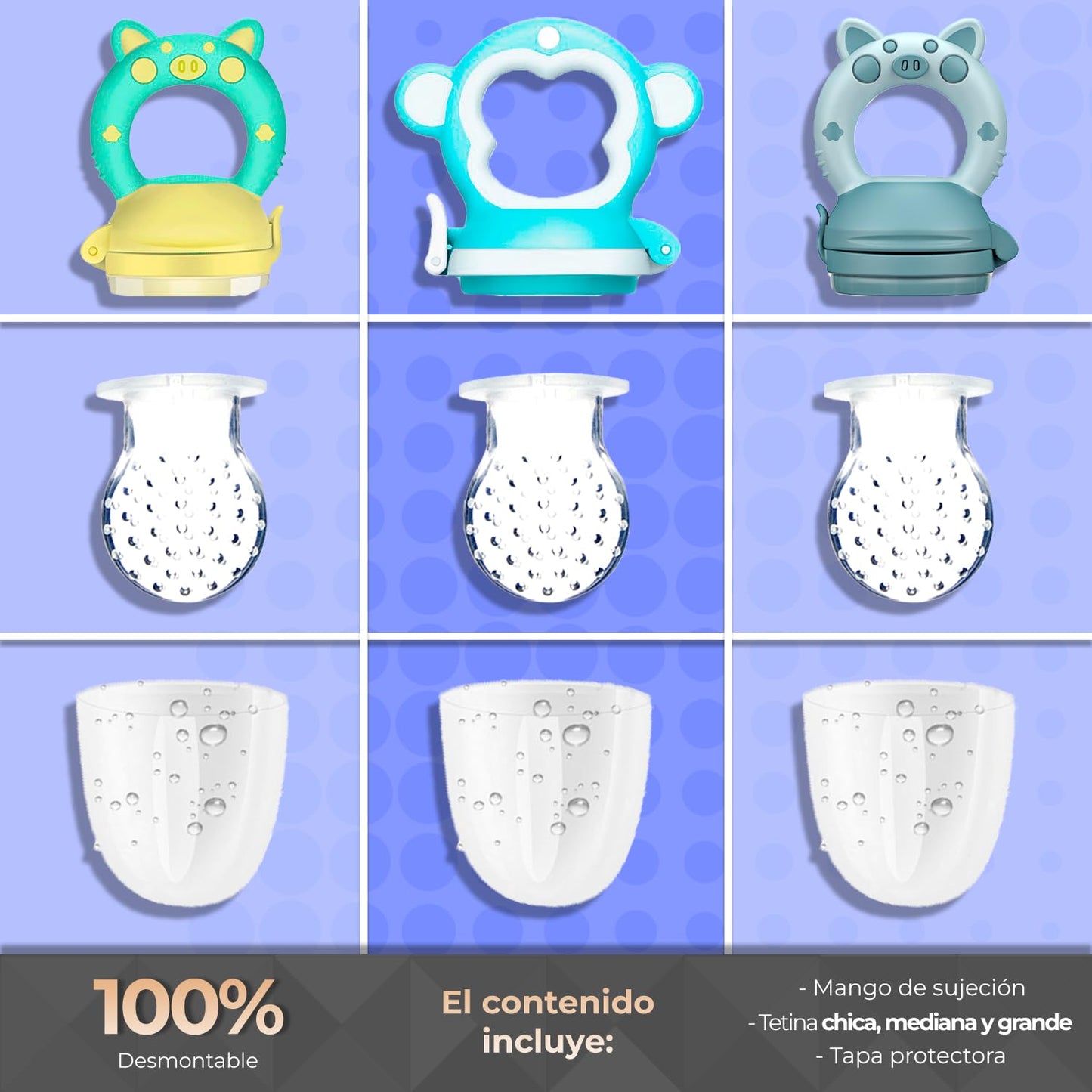 Chupones alimentadores para frutas y papillas con tapa libre de bpa, dibujos animados, 4m+ 3 piezas (pig azul / dino verde amarillo / monkey azul)