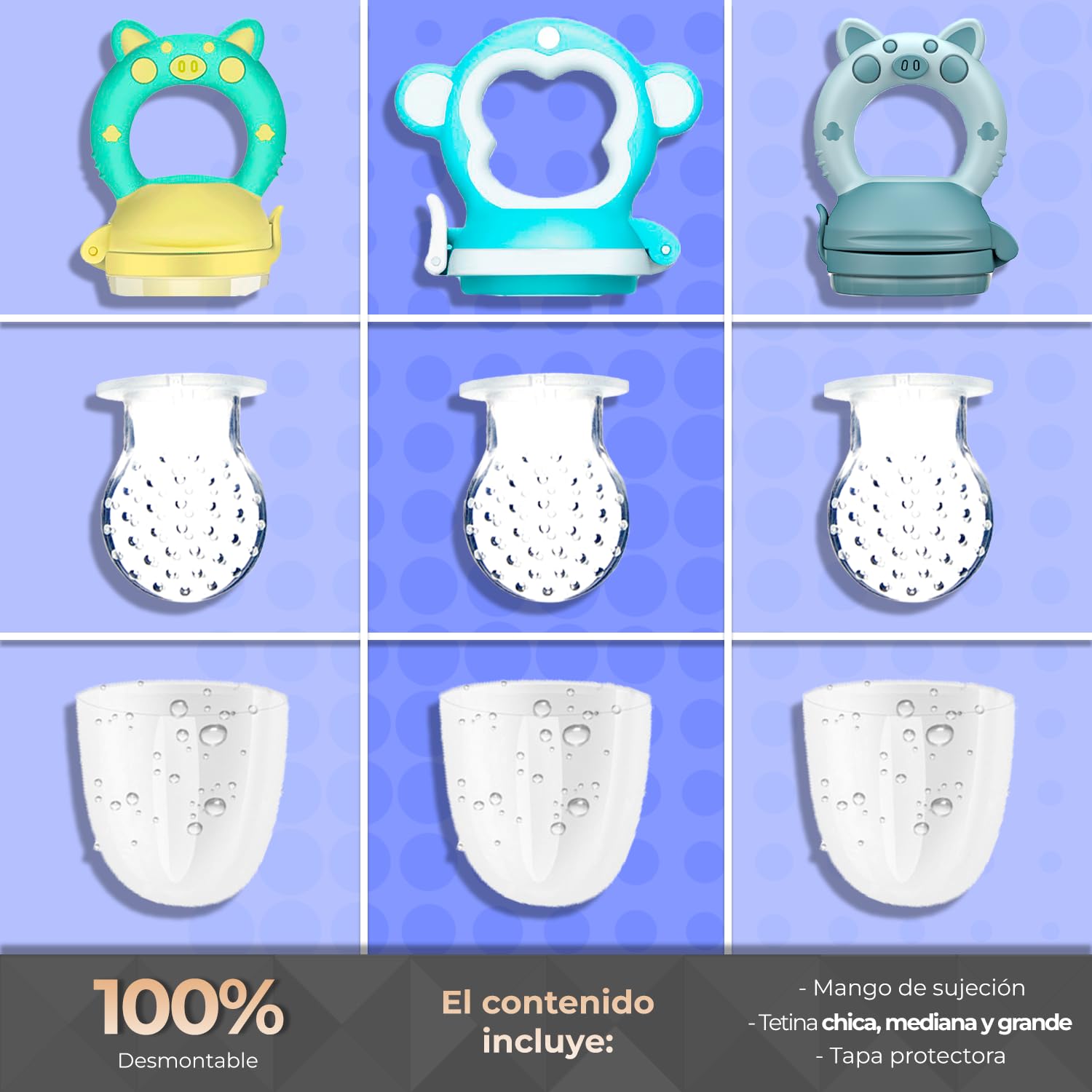 Chupones alimentadores para frutas y papillas con tapa libre de bpa, dibujos animados, 4m+ 3 piezas (pig azul / dino verde amarillo / monkey azul)