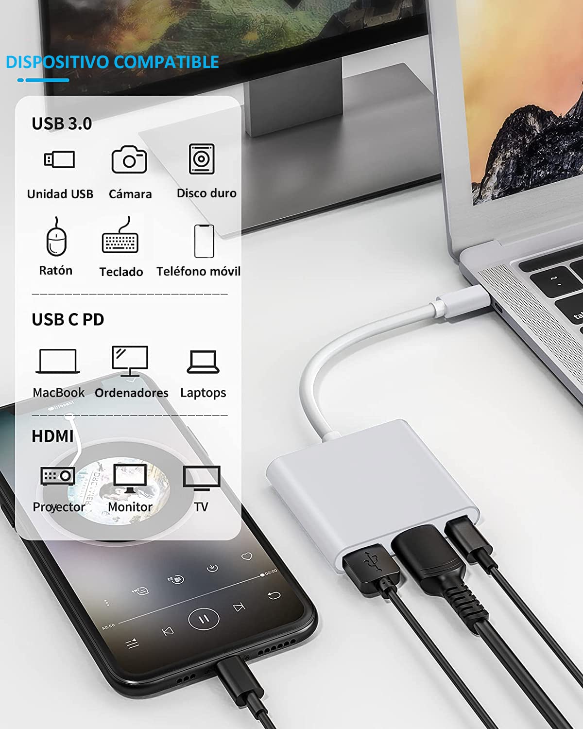 BOJOOM Adaptador USB C a HDMI, 3 en 1 Adaptador Tipo C Multipuerto USB C Hub con Salida HDMI 4K, Puerto USB 3.0 y Puerto de Carga USB-C Compatible con MacBook/iMac/Chromebook/Samsung/Projector/Laptop