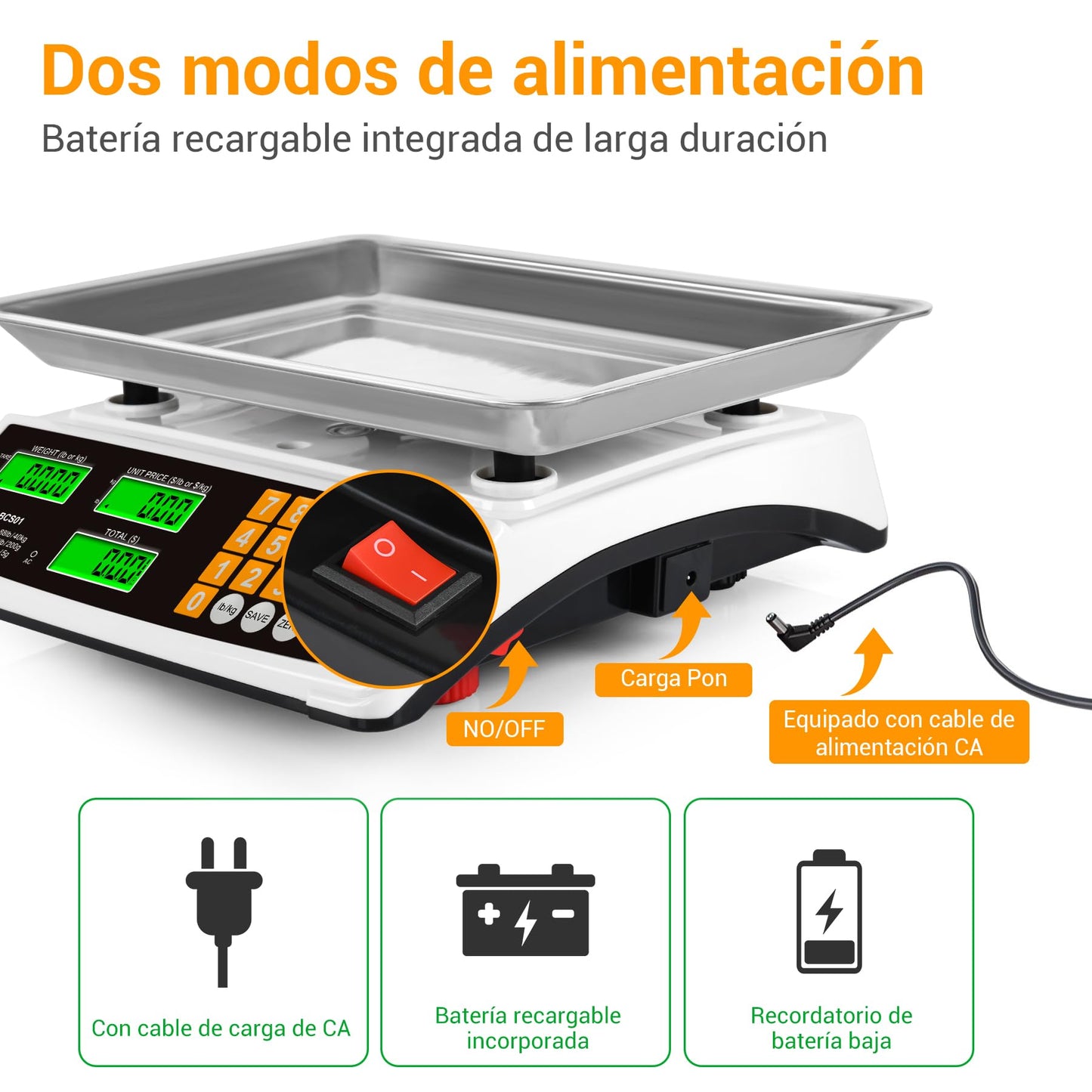 Báscula Digital Comercial 40kg Bascula alimentos para Pesar Productos Carne con Gran Plataforma de Acero Inoxidable, Pantalla LCD y Luz de Fondo Verde Brillante para Mercados Agrícolas
