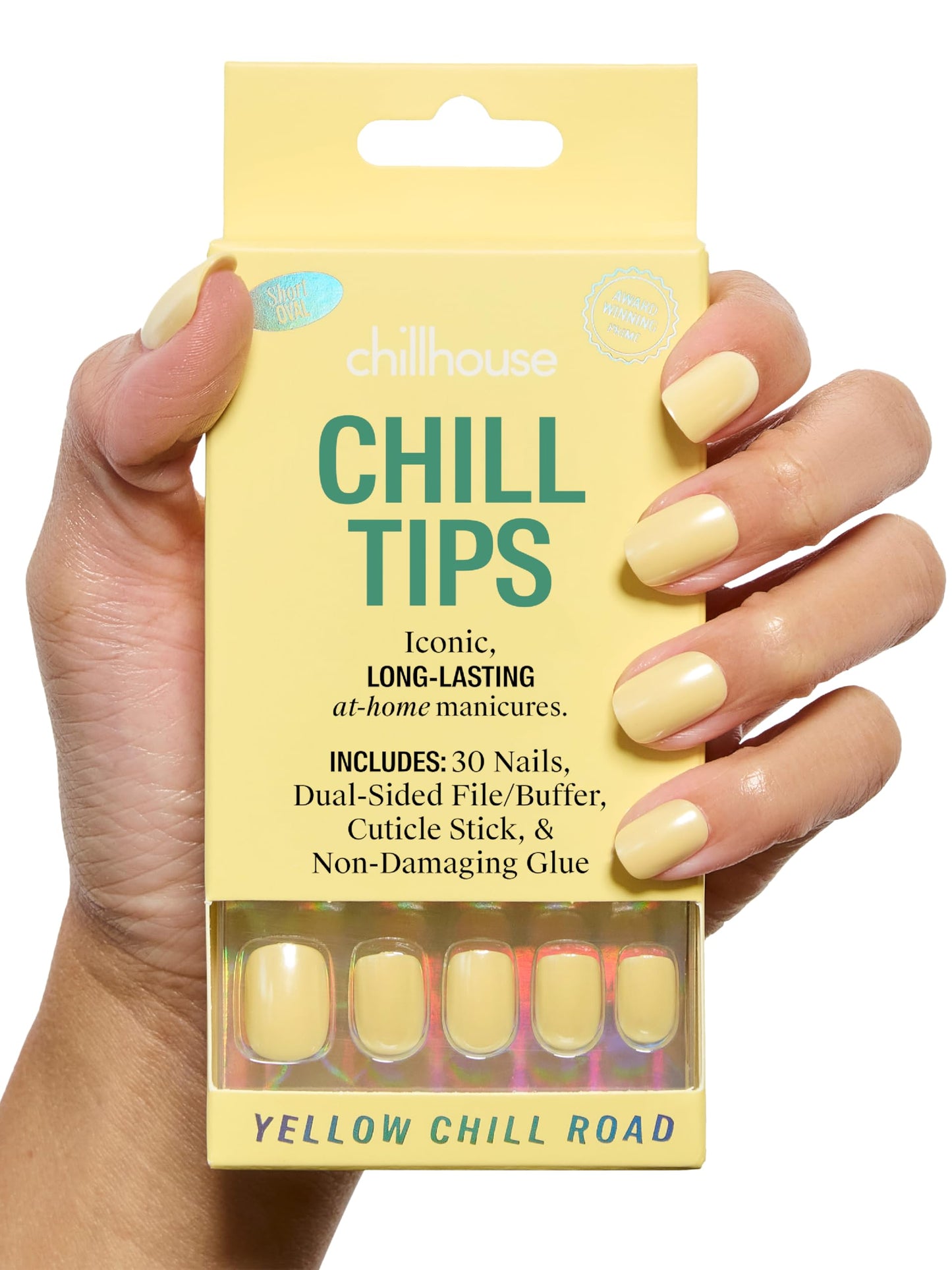 Chillhouse - Kit de Uñas Chill Tips Press on - Amarillo Chill Road (Cuadrado - Corto) - 30 Formas y Tamaños de Uñas - Hasta 2 Semanas de Uso - Personalizable - Reutilizable - Propiedad de Mujeres - Be