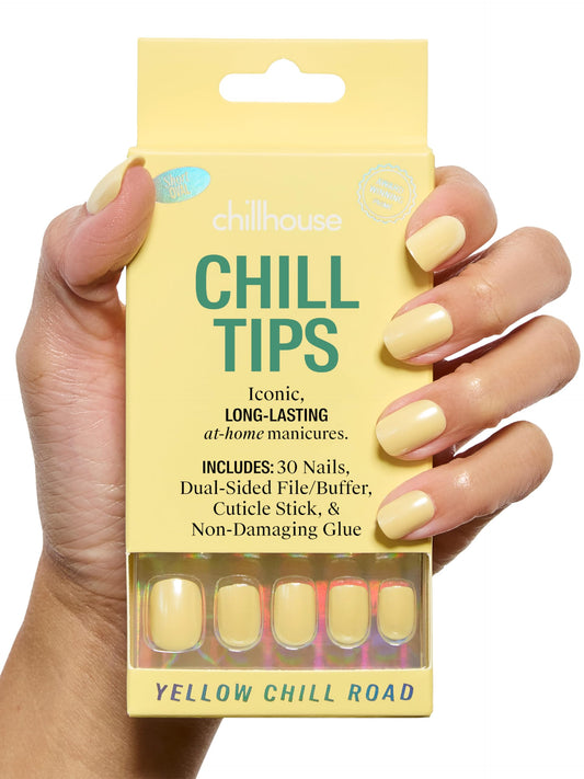Chillhouse - Kit de Uñas Chill Tips Press on - Amarillo Chill Road (Cuadrado - Corto) - 30 Formas y Tamaños de Uñas - Hasta 2 Semanas de Uso - Personalizable - Reutilizable - Propiedad de Mujeres - Be