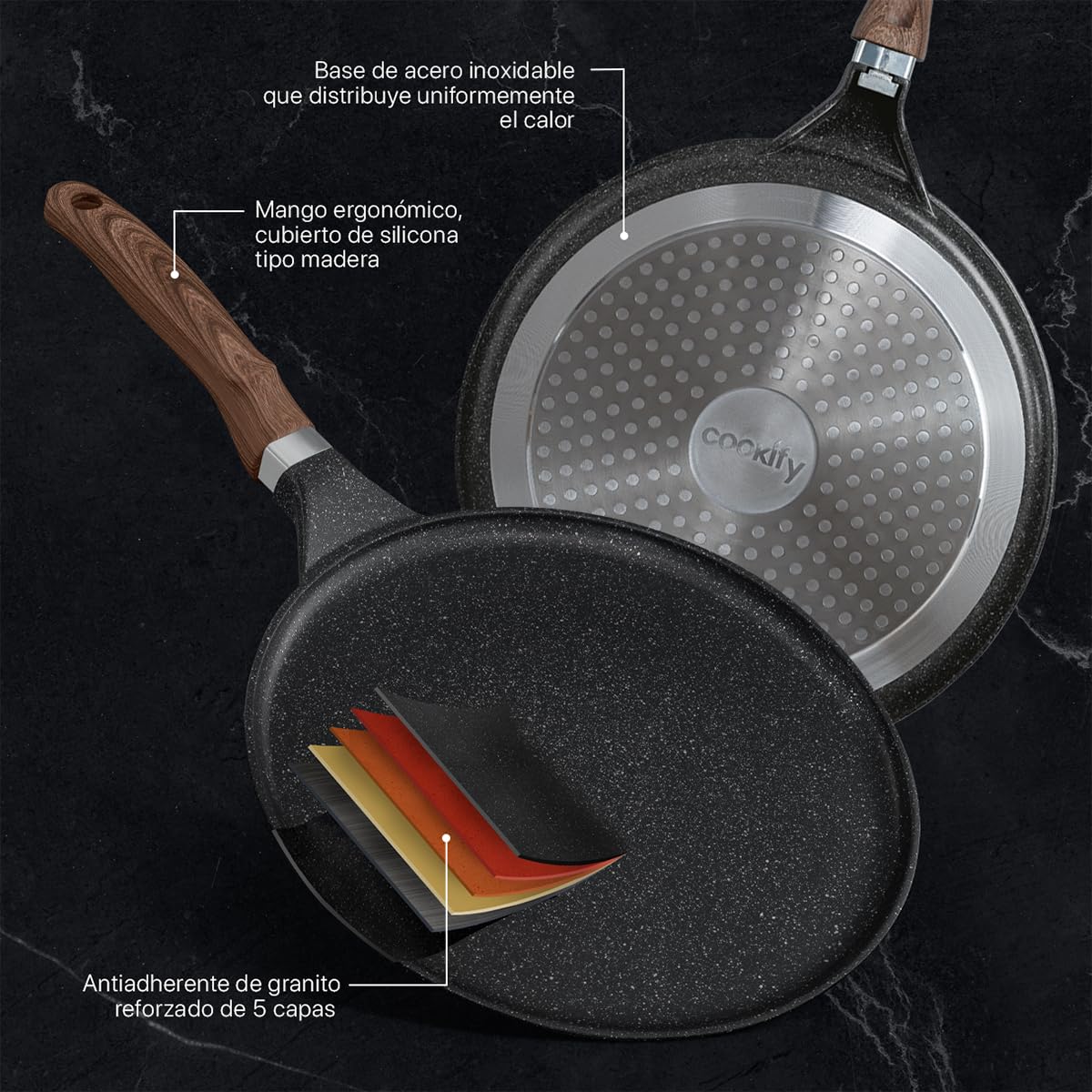 Cookify Set de 3 piezas (Sarten 20 y 24 cm y Crepera 28 cm) Antiadherente de Mármol (Negro)