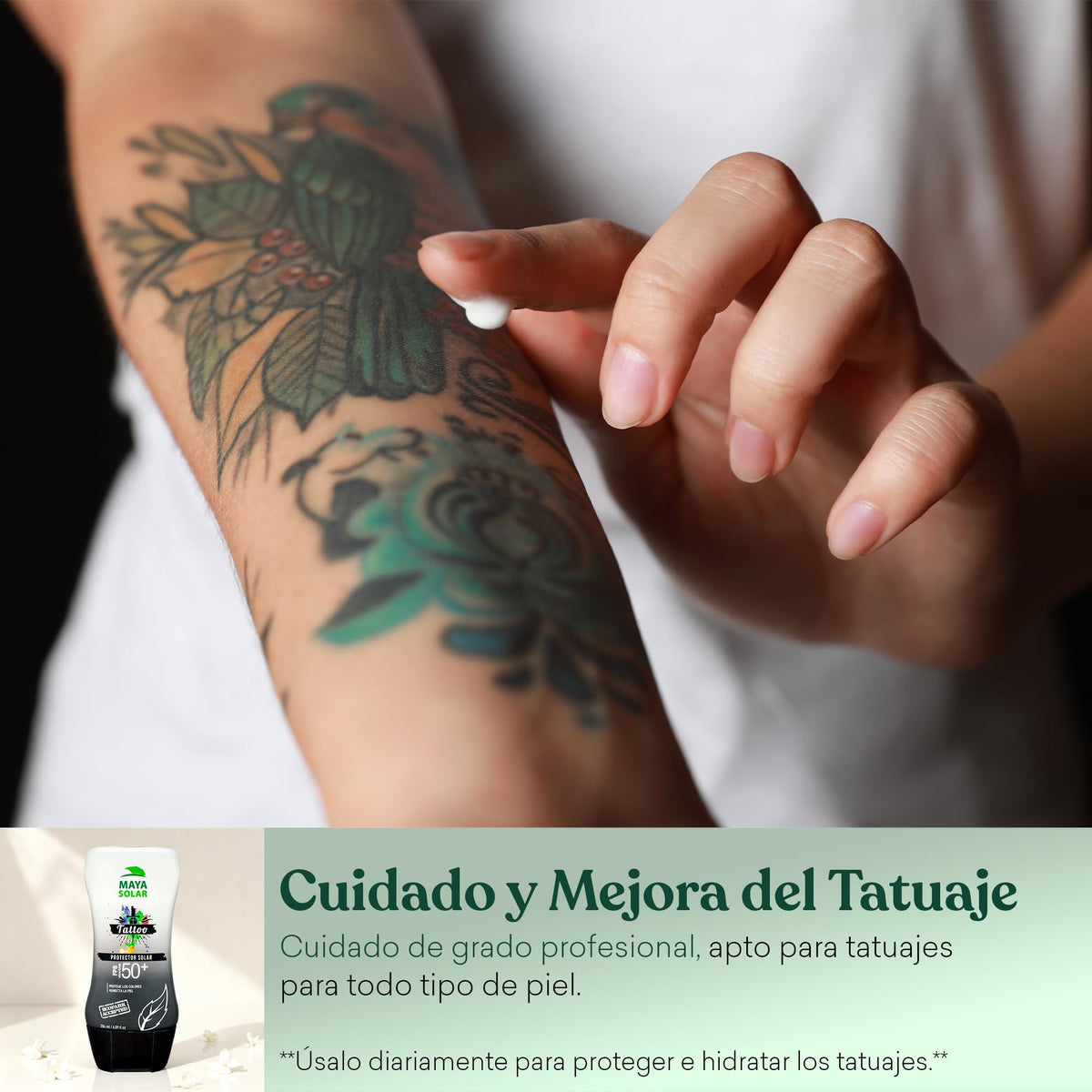 Maya Solar Bloqueador para Tattoos FPS 50+ | Triple Acción Especializada | Hidratación Intensiva | Previene Decoloración UV | Ingredientes Naturales y Eco-Amigable