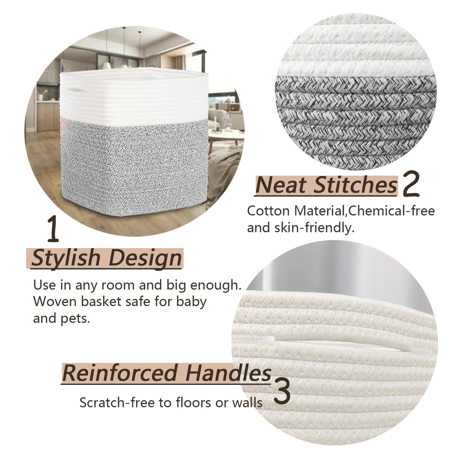 COMFY-HOMI - Paquete de 3 cestas cuadradas de cuerda de algodón con asas para estantes, cubeta de juguetes para perros y almacenamiento, regalo para bebé, organizador de zapatos, nuevo 11 x 11 x 11