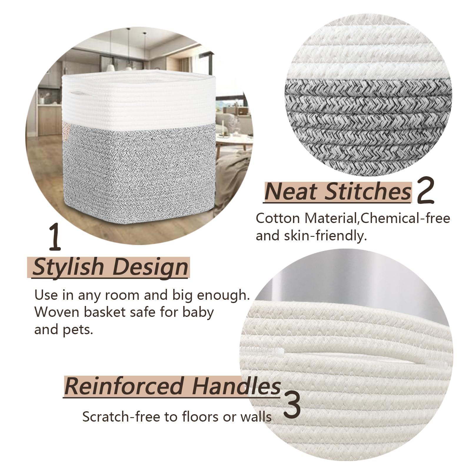 COMFY-HOMI - Paquete de 3 cestas cuadradas de cuerda de algodón con asas para estantes, cubeta de juguetes para perros y almacenamiento, regalo para bebé, organizador de zapatos, nuevo 11 x 11 x 11
