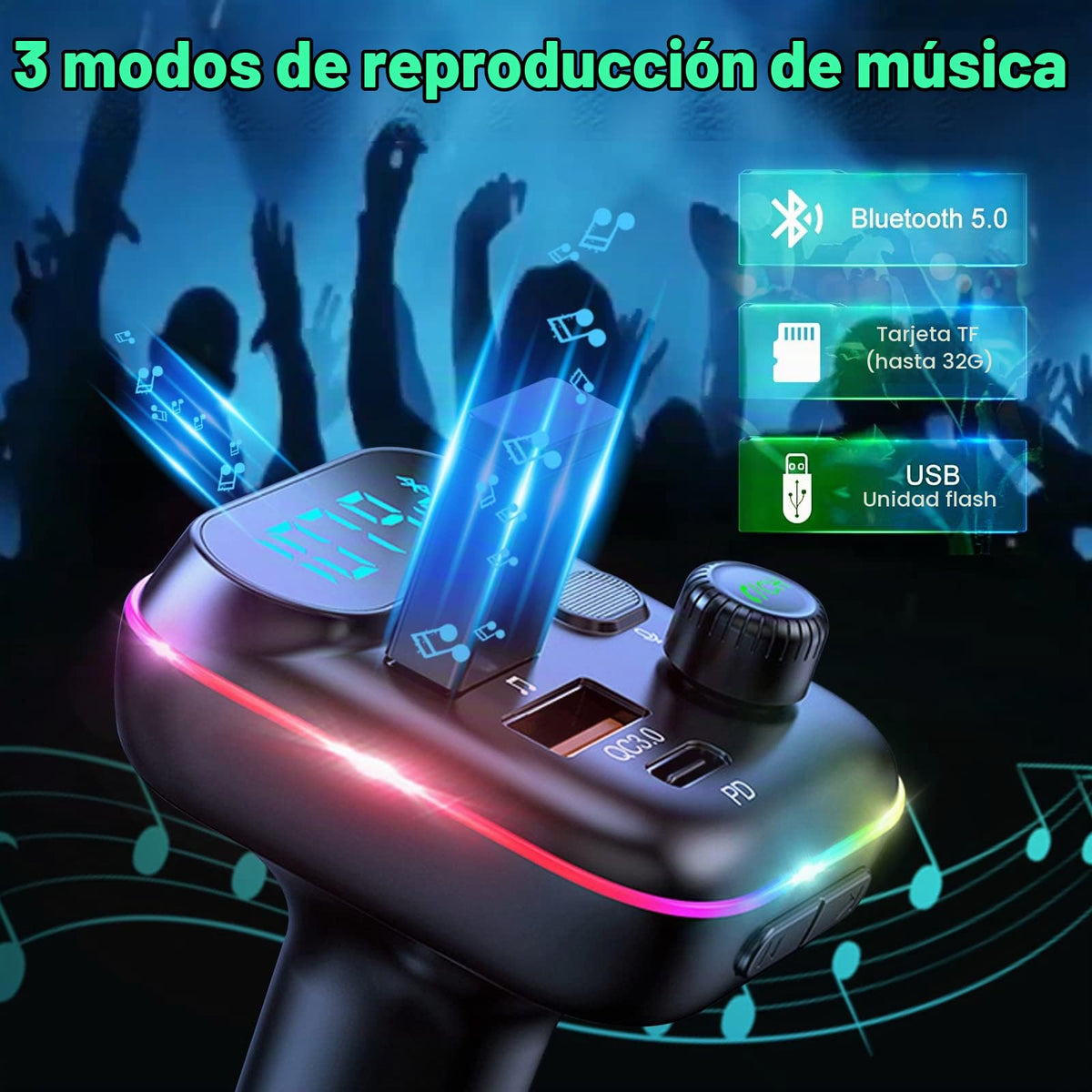 Transmisor FM Bluetooth 5.0 para Coche con Puertos USB Duales y Cargador Rápido PD+QC3.0, Micrófono Mejorado