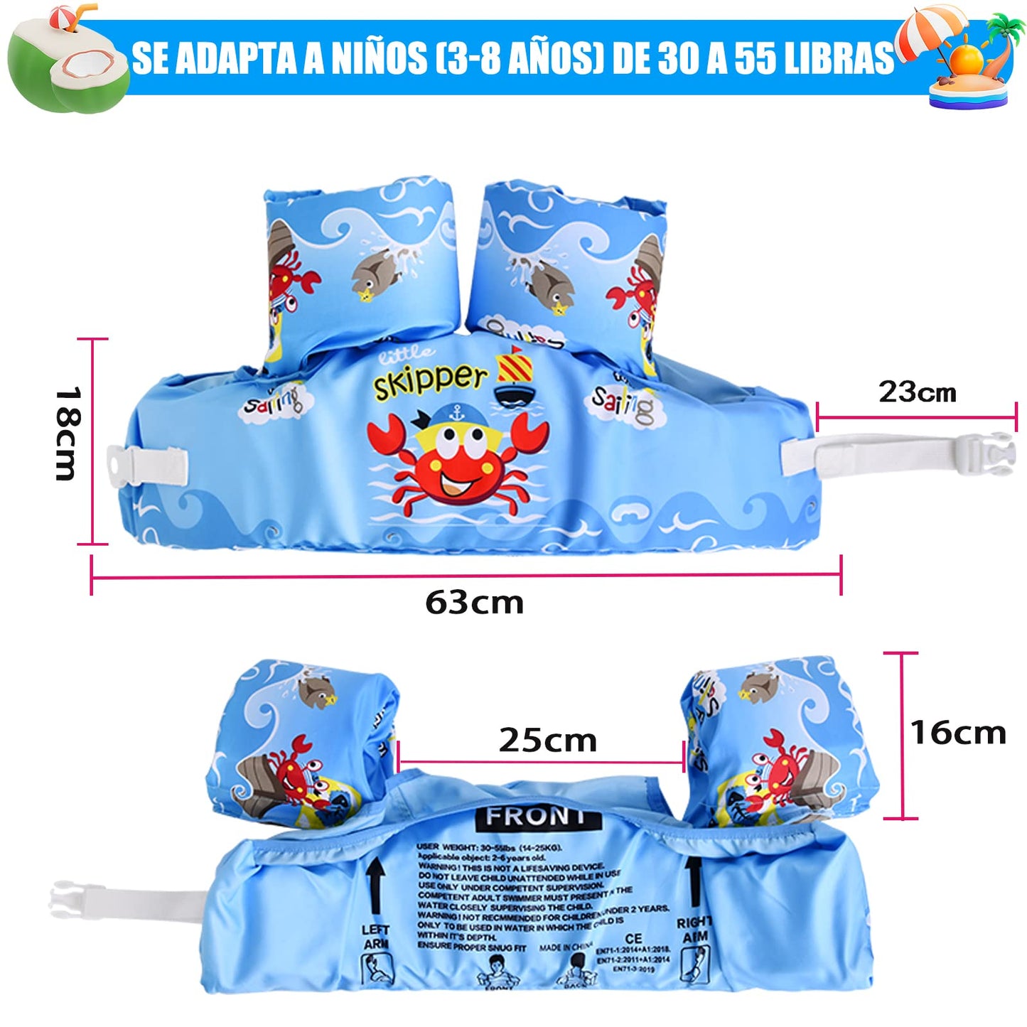 Chaleco Salvavidas VVYY8985 Cangrejo Ajustable para Niños y Niñas de 3 a 8 Años