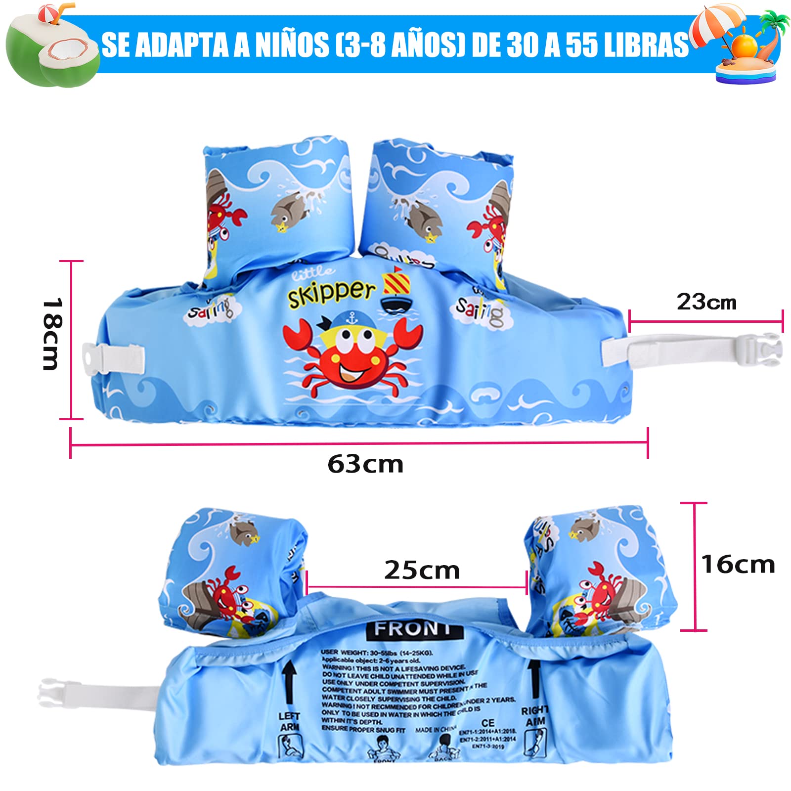 Chaleco Salvavidas VVYY8985 Cangrejo Ajustable para Niños y Niñas de 3 a 8 Años