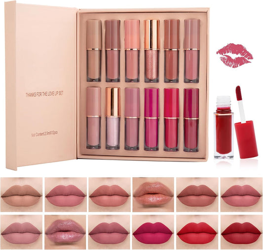 12 Piezas Kit Lápiz Labial, Brillo de Labios Líquido Mate