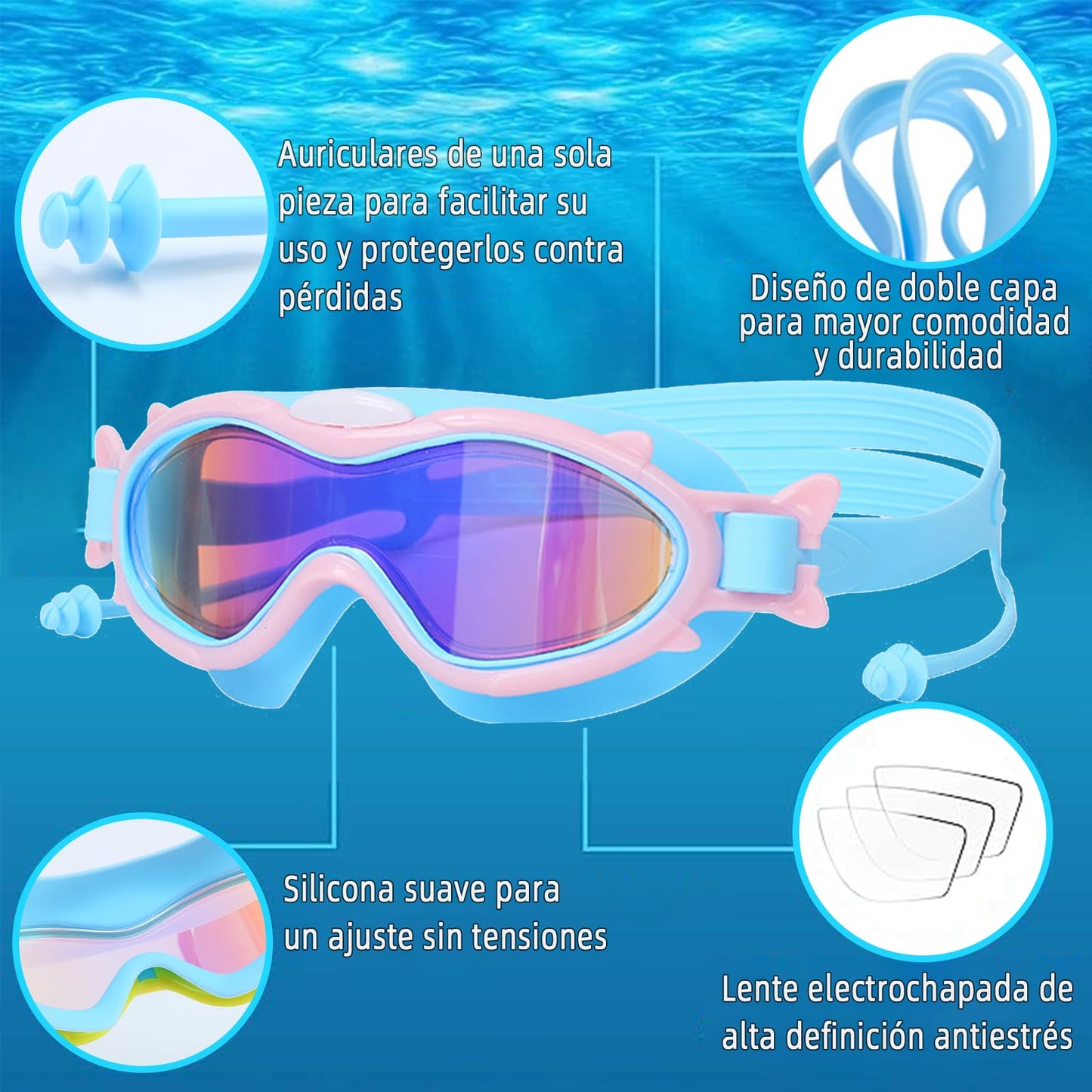 Gafas de Natación para niños 2 unidades,Lentes de Natación de visión amplia con tapones para los oídos,con protección UV y antivaho, sin Fugas, adecuadas para niños de 3 a 15 años