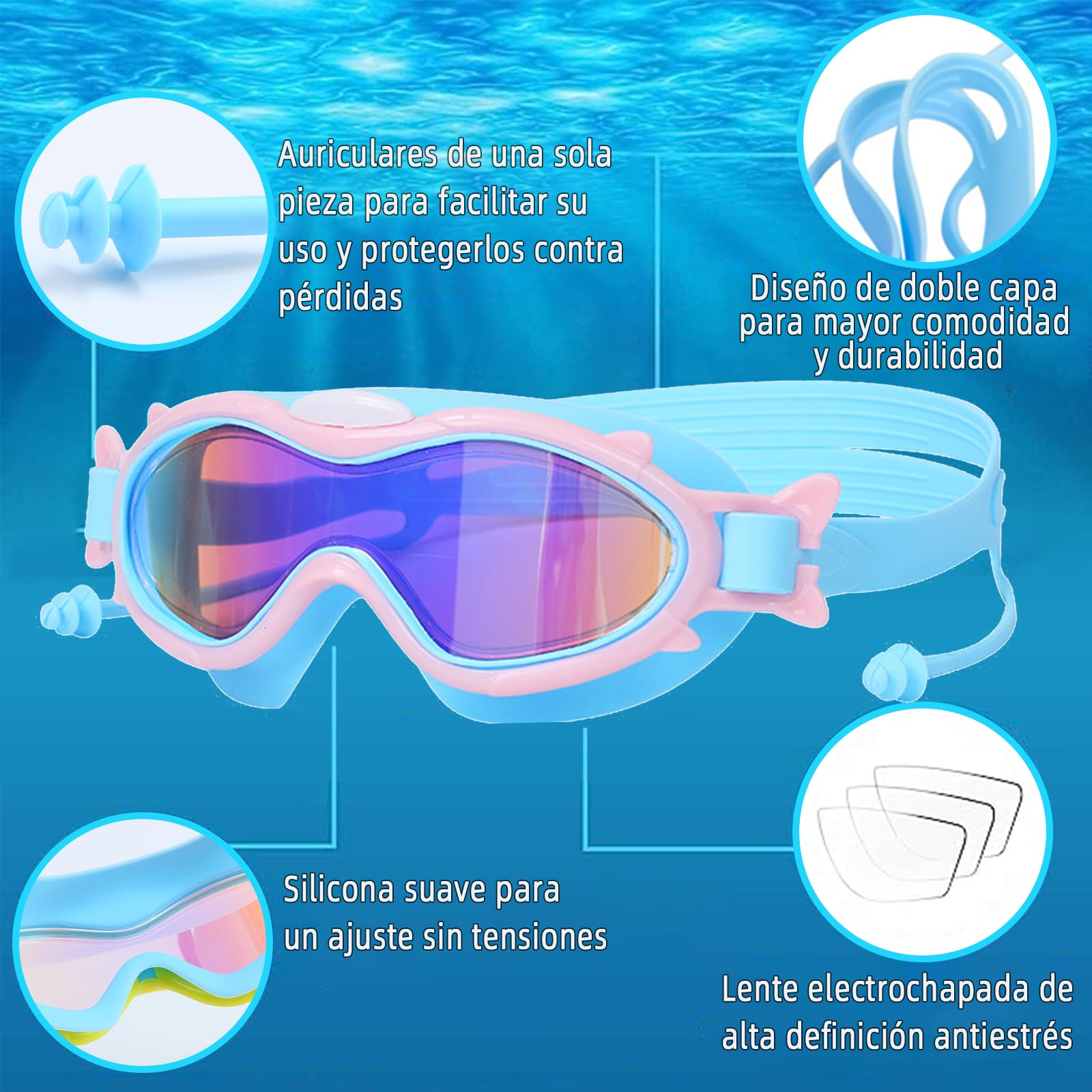 Gafas de Natación para niños 2 unidades,Lentes de Natación de visión amplia con tapones para los oídos,con protección UV y antivaho, sin Fugas, adecuadas para niños de 3 a 15 años