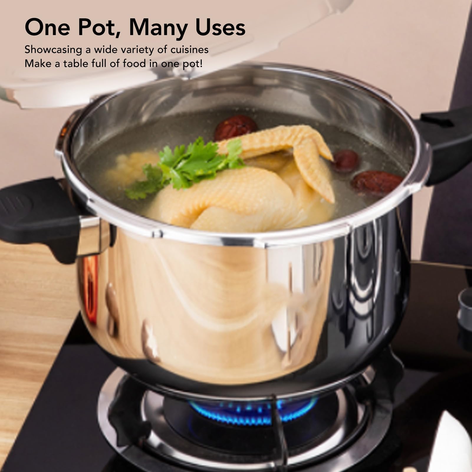 Fockety Olla a Presión de Acero Inoxidable, 16L-2L, Mando Mecánico, Base Compatible con Inducción, Tapa con Cierre de Bloqueo, Automático