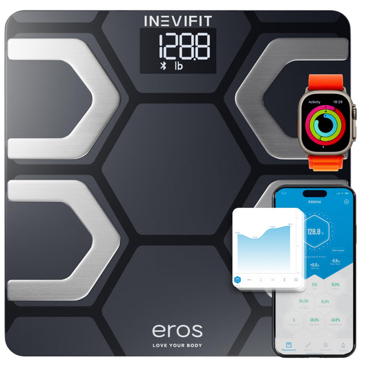 INEVIFIT EROS - Báscula digital de baño con Bluetooth y aplicación inalámbrica para smartphone (400 libras, 11,8 x 11,8 pulgadas), Negro, Large Platform 11.8"X11.8"