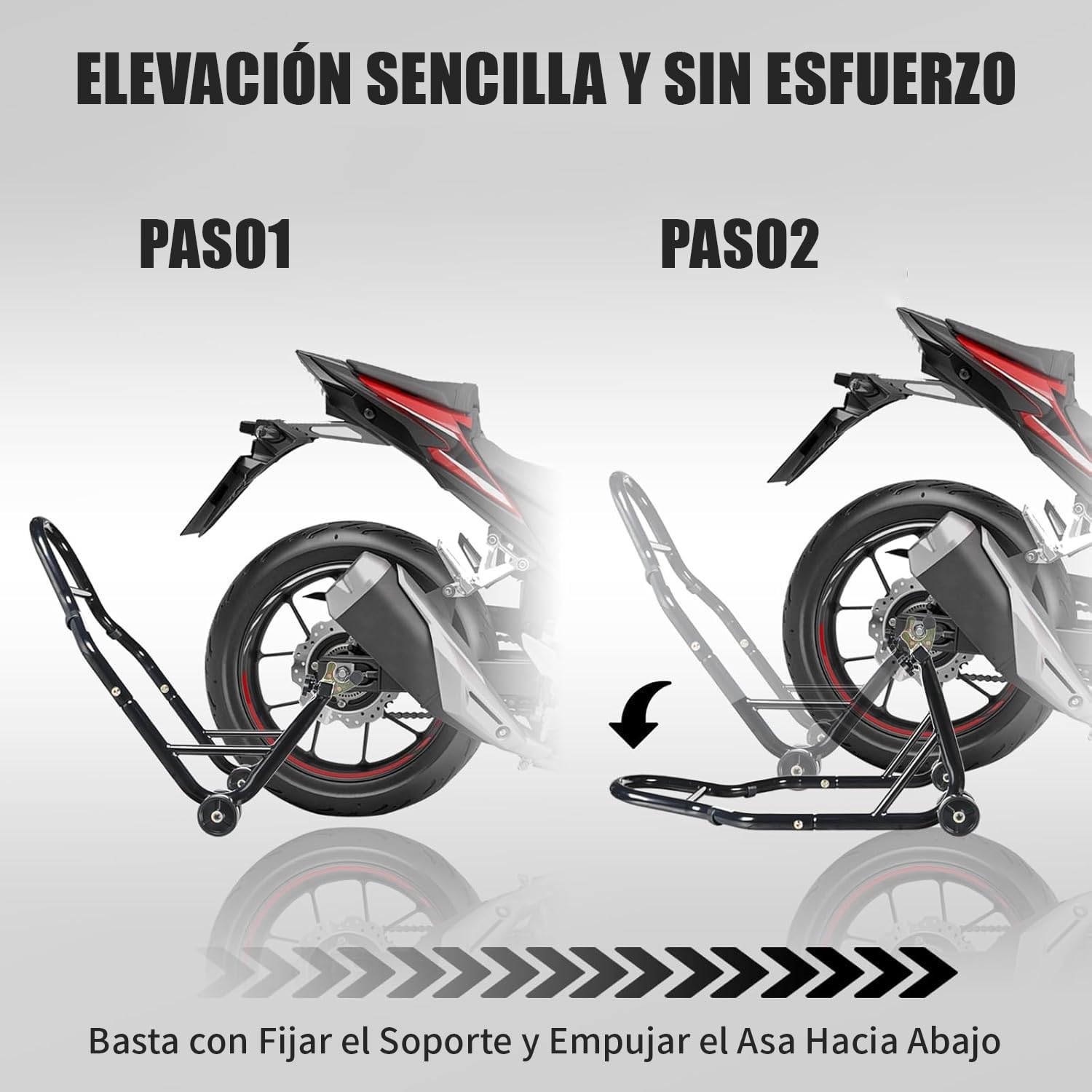 BOBOJIIIER Soporte Trasero para Motocicleta, soporte de elevación de rueda trasera, Moto Gato, Soporta Hasta 450 KG con Ruedas, Negro, L