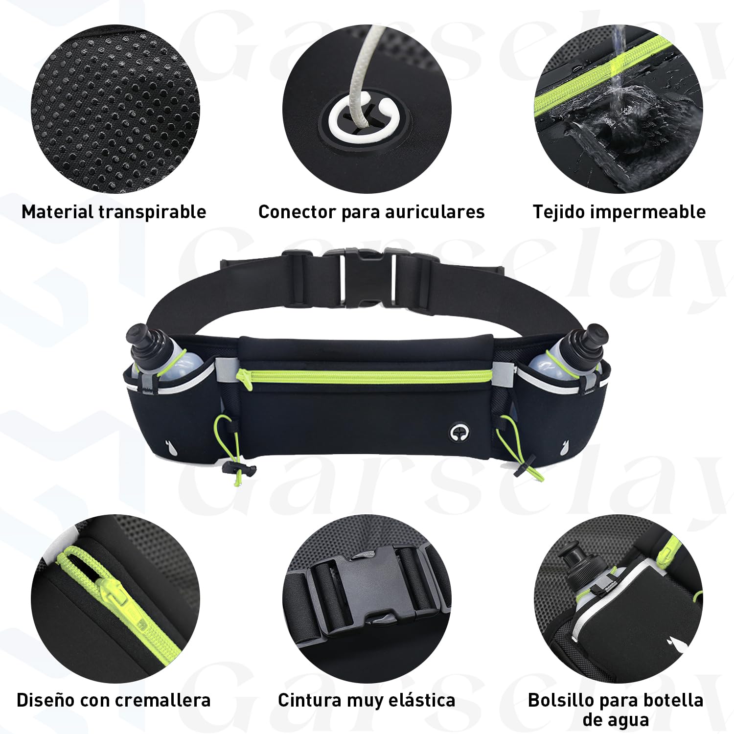 Garselay Cangurera Deportiva, Riñonera Deportiva con 2 Botellas de Agua, Cinturón Hidratación Running Reflectante con Orificio para Auriculares, Bolsa para Correr, Ciclismo, Gimnasio, Senderismo-Verde