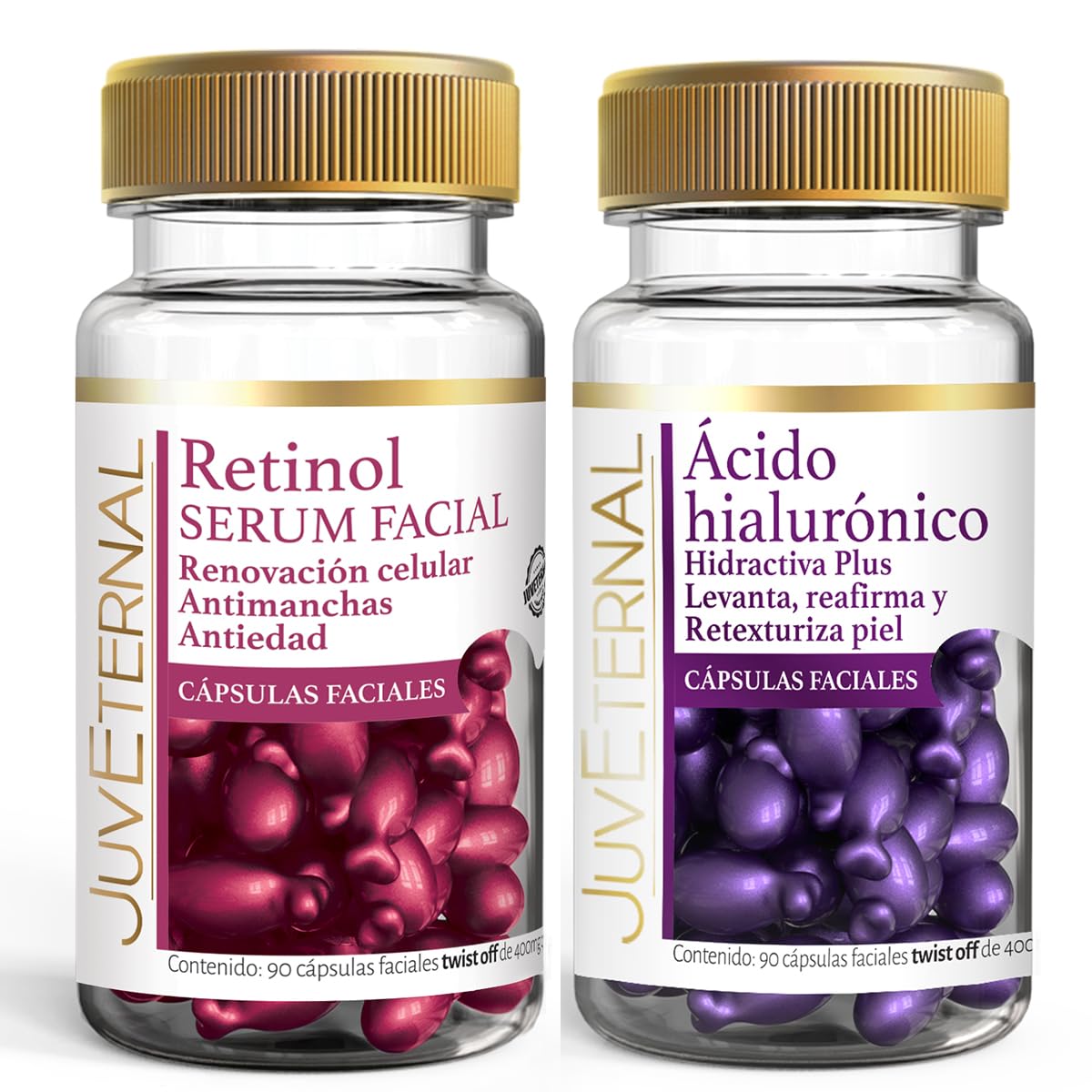 Juveternal Duo Cápsulas Faciales Retinol Cápsulas Faciales Acido Hialuronico 90 caps c/u Renovación celular Antimanchas Antiedad Hidrata Reafirma y Retexturiza la piel