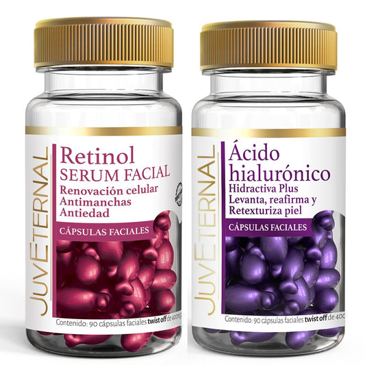 Juveternal Duo Cápsulas Faciales Retinol Cápsulas Faciales Acido Hialuronico 90 caps c/u Renovación celular Antimanchas Antiedad Hidrata Reafirma y Retexturiza la piel