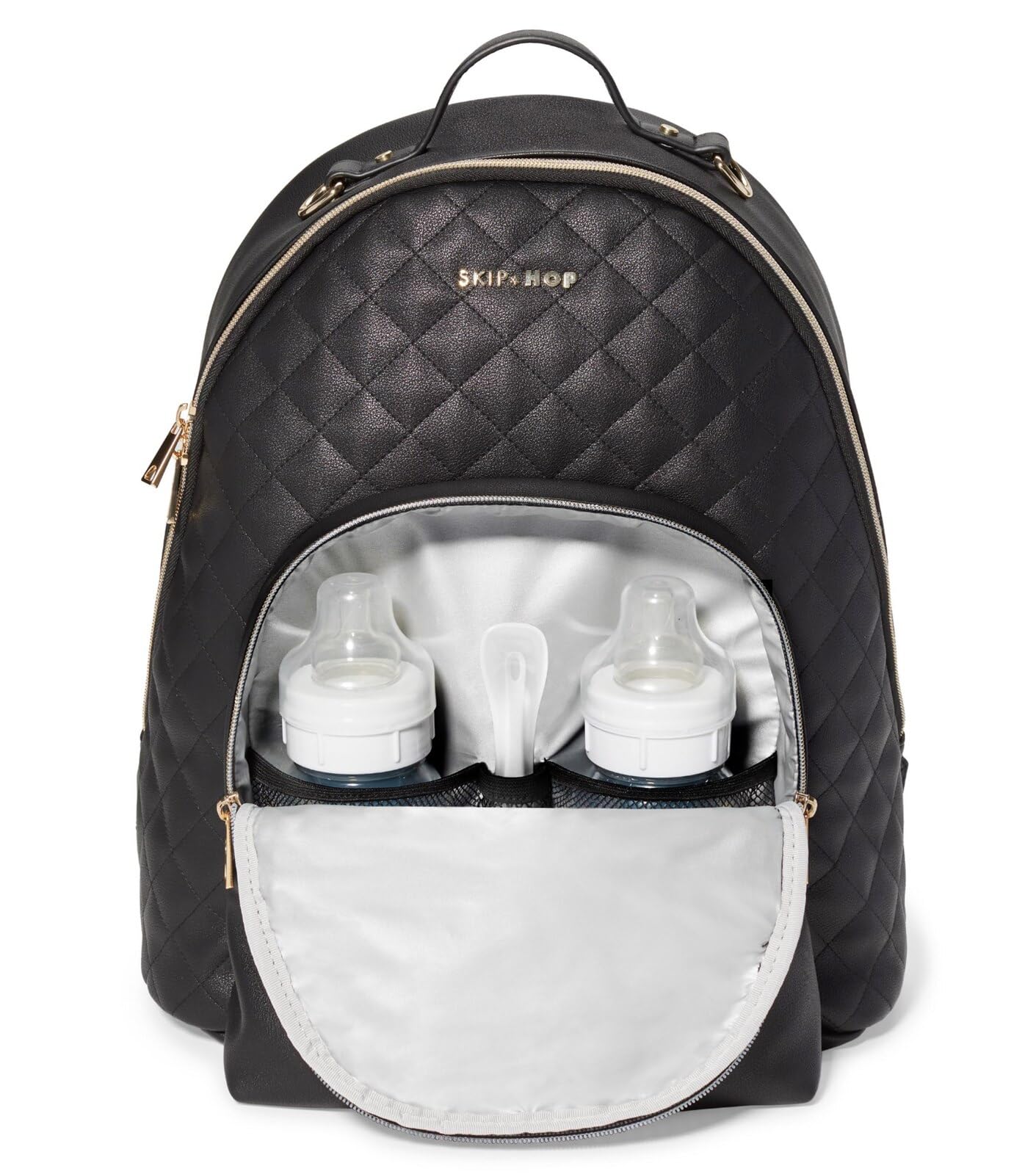 Skip Hop Bolso de pañales: cuero vegano efecto acolchado de lujo Linx con cambiador y accesorio para cochecito, negro