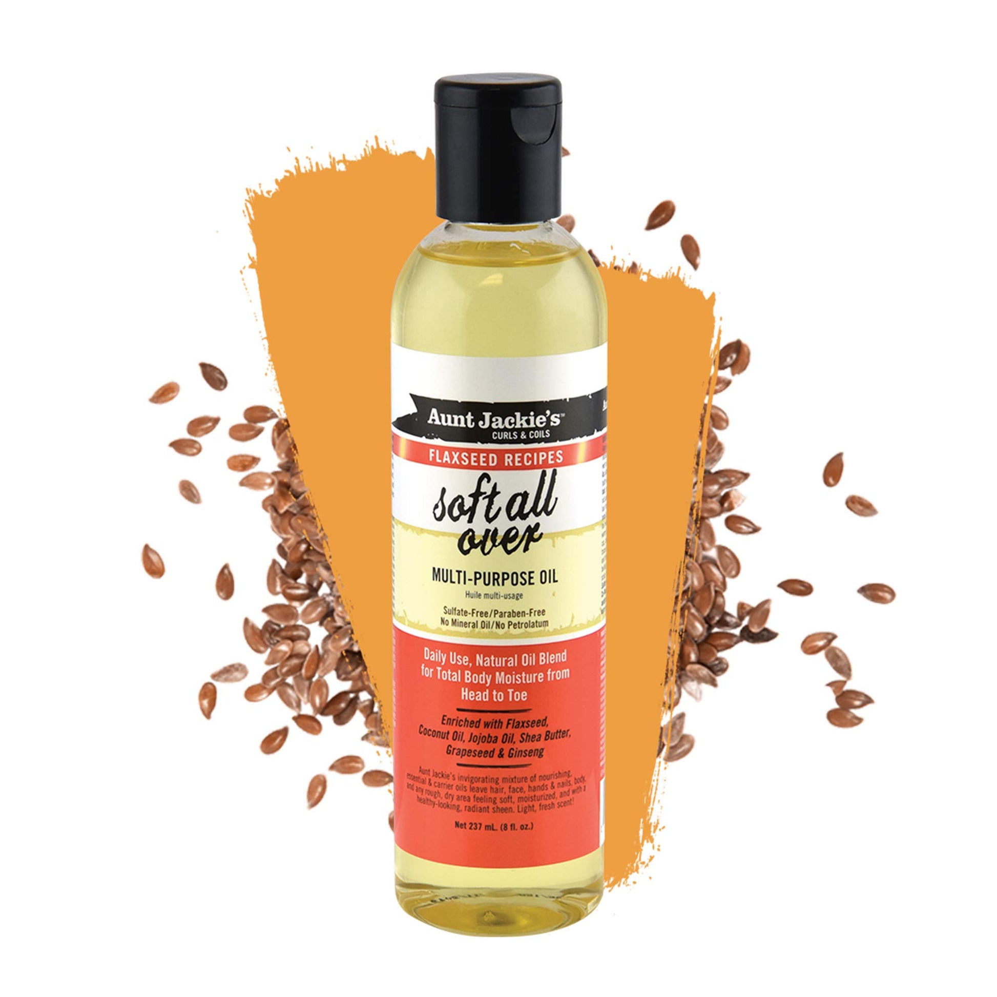 Aunt Jackie's Flaxseed Recipes Soft All Over, Multi-Use Oil for Hair and Body, Enriched with Flaxseed, Avocado, Coconut Oil and Marshmallow Root, 8 Ounce Bottle