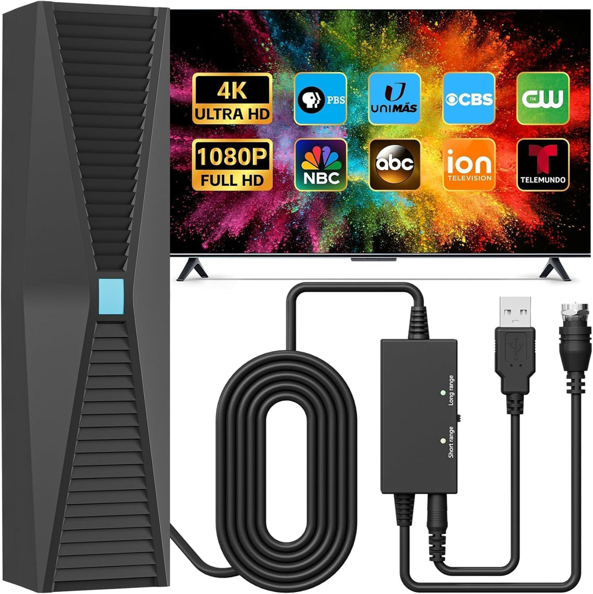 Antena de TV con Amplificador para Televisores Inteligentes y Antiguos Más de 2500 Millas de Alcance Digital 4K 1080P VHF UHF Recepción 360º para Interiores