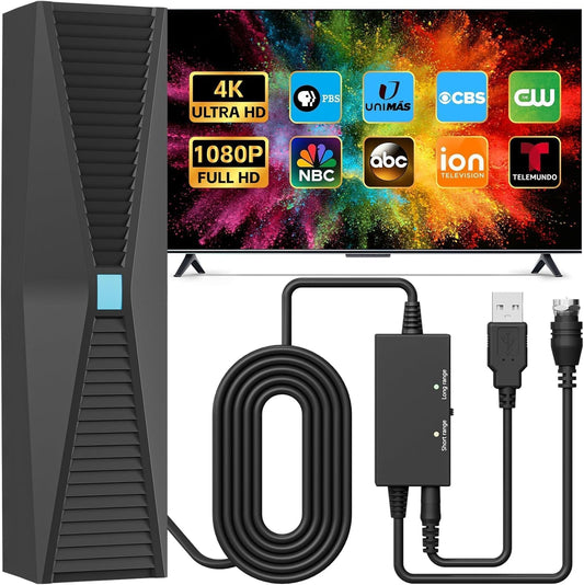 Antena de TV con Amplificador para Televisores Inteligentes y Antiguos Más de 2500 Millas de Alcance Digital 4K 1080P VHF UHF Recepción 360º para Interiores