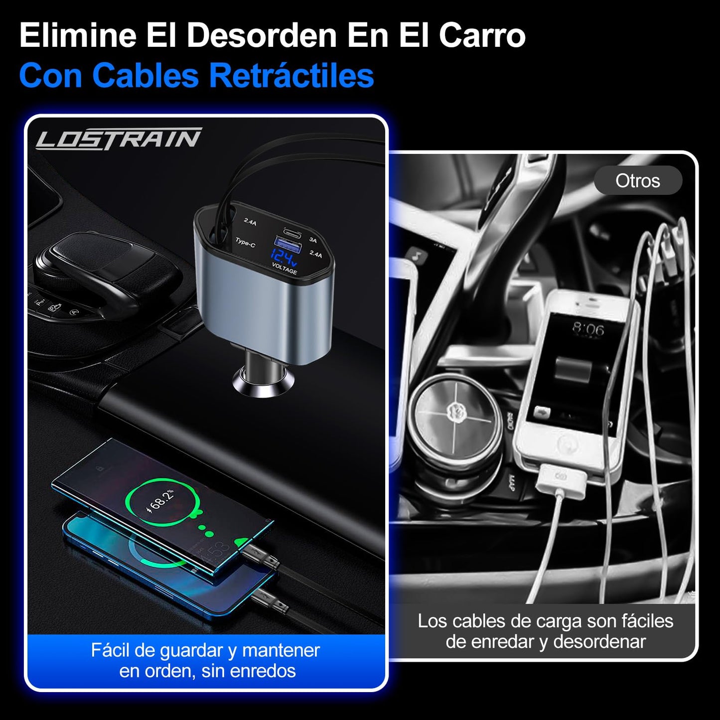 Lostrain Cargador para Auto Tipo C,Cargador de Carro 120W Total Carga Rápida 4 en 1(2 Cables Retráctiles+2 Puertos USB),Adaptador para Coche para Android iPhone 15/14/13 Huawei Xiaomi iPad
