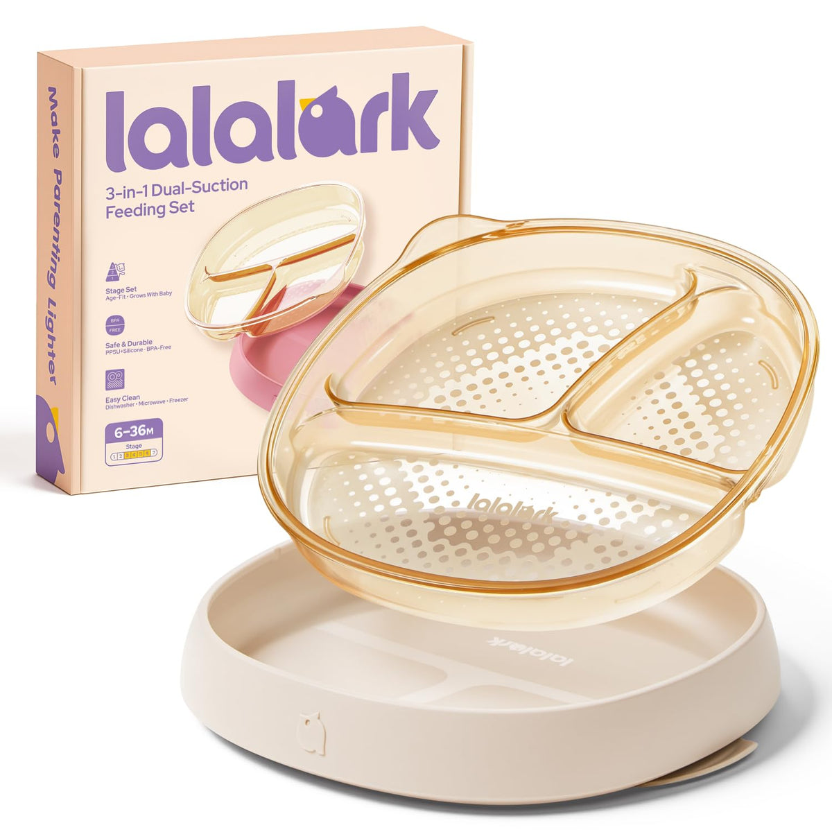 lalalark 3 en 1 - Platos de succión para bebés de grado biberón, platos divididos de silicona de diseño basado en escenarios para autoalimentación, sin BPA, resistentes al olor y a las manchas, aptos