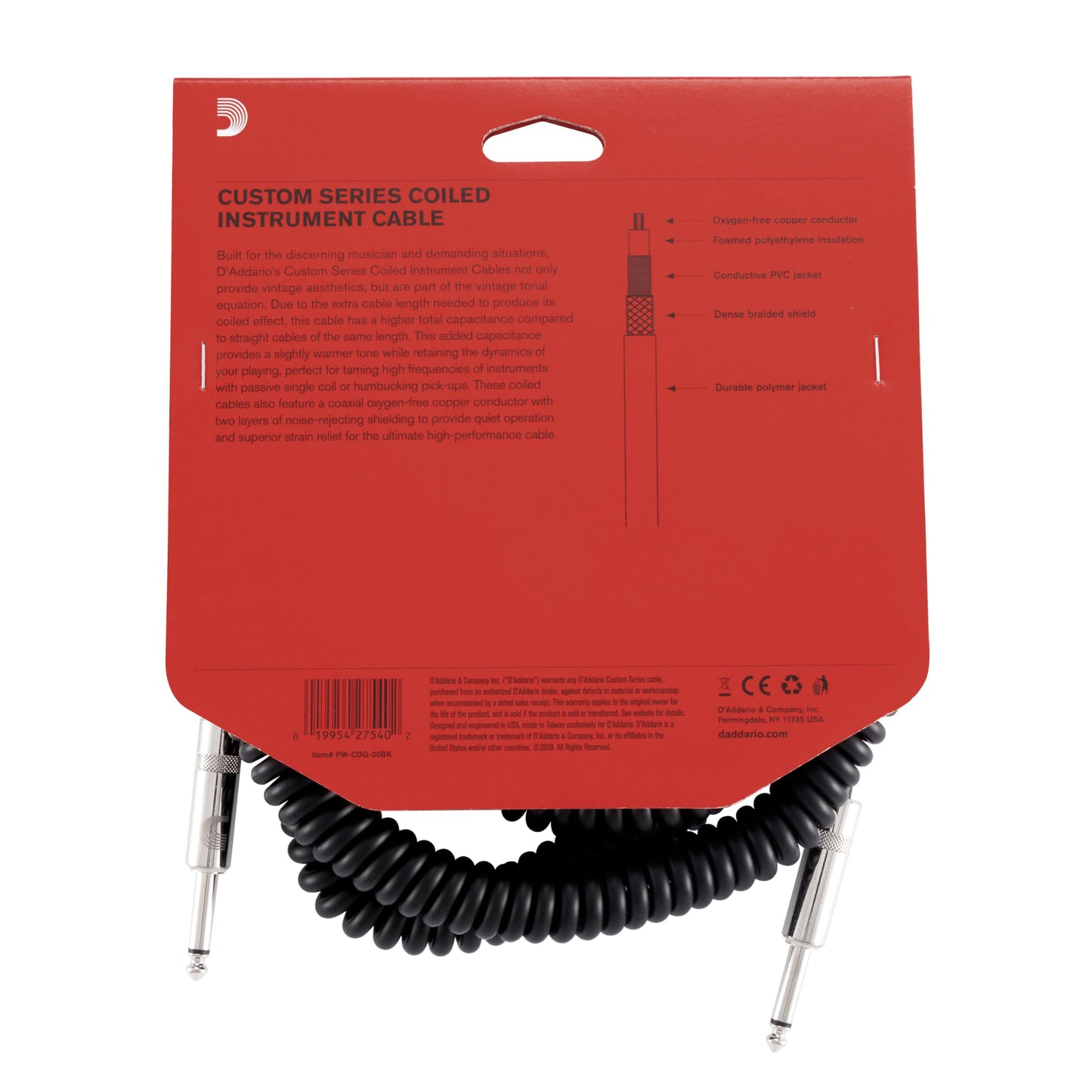 D'Addario Guitar Cable - Guitar Lead - Instrument Cable - Guitar Accessories - Custom Series Coiled Cable - 30 Feet/9.14 Meters - Black - 1 Pack