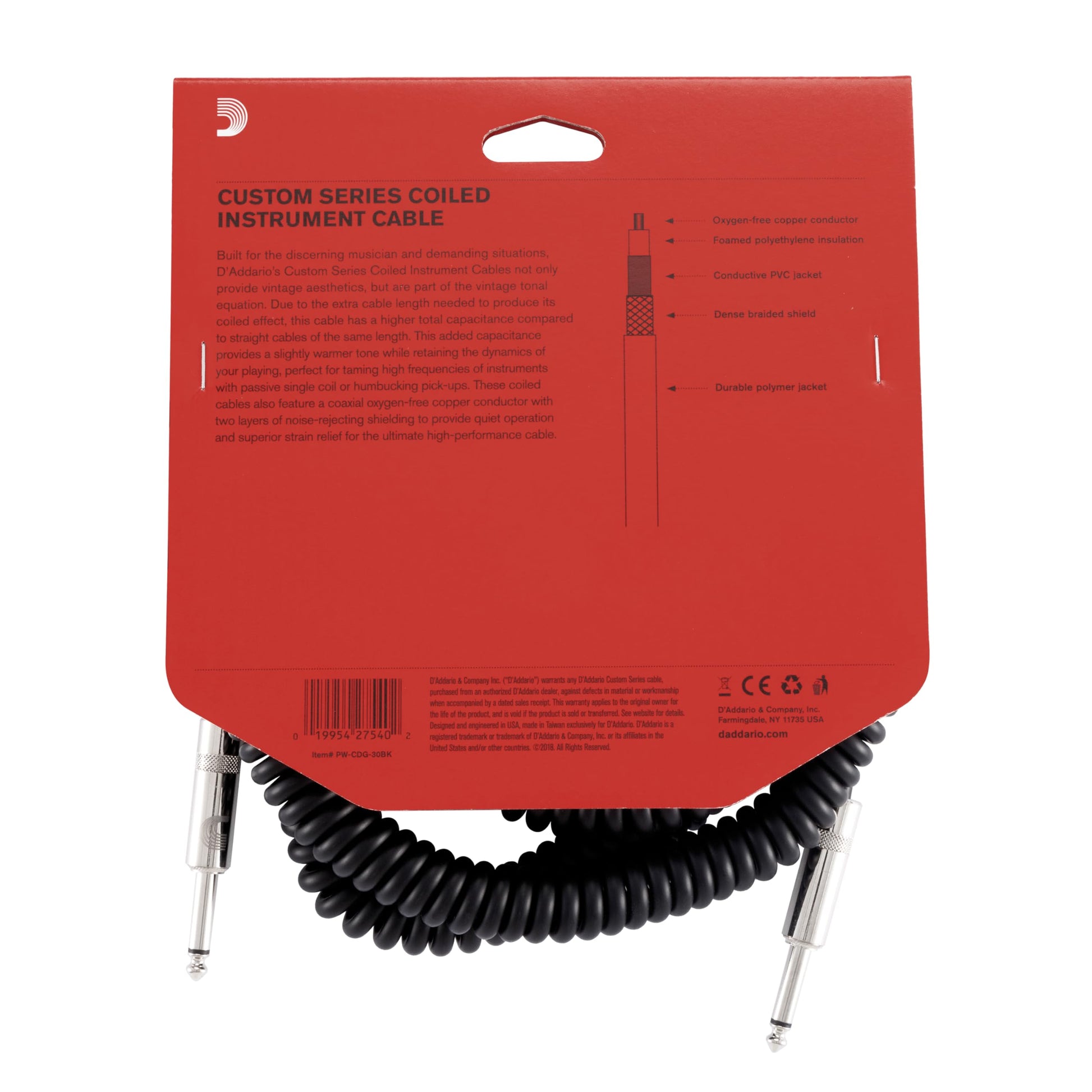 D'Addario Guitar Cable - Guitar Lead - Instrument Cable - Guitar Accessories - Custom Series Coiled Cable - 30 Feet/9.14 Meters - Black - 1 Pack