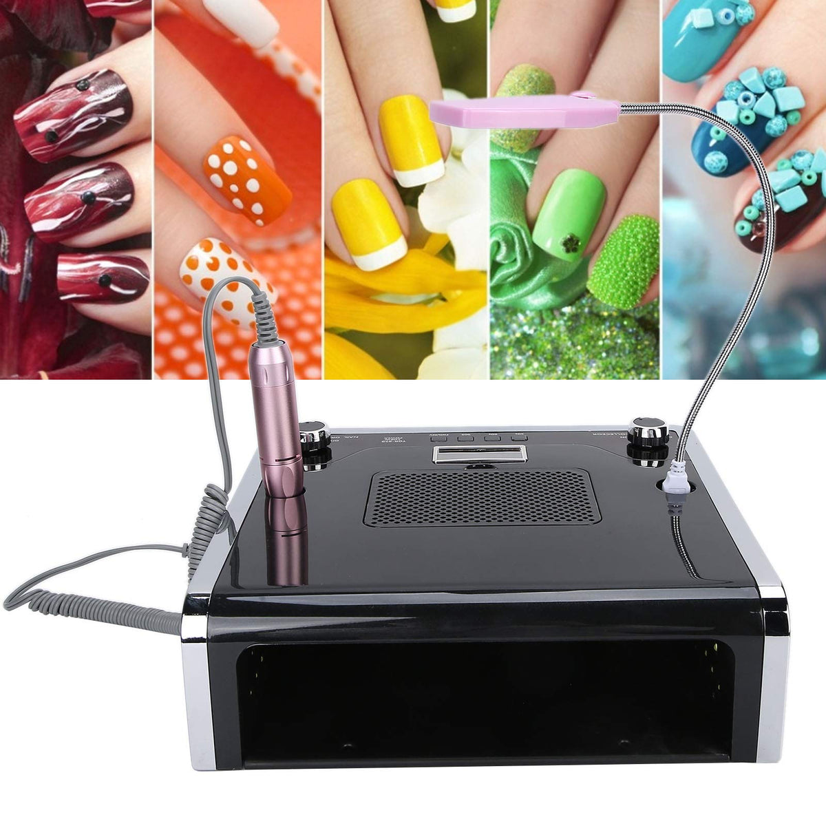 4 EN 1 Taladro de lima de uñas + Colector de polvo de succión de uñas + Lámpara de curado de uñas de gel UV + Lámpara de escritorio LED Secadora de uñas Máquina de pulido de uñas(Black)