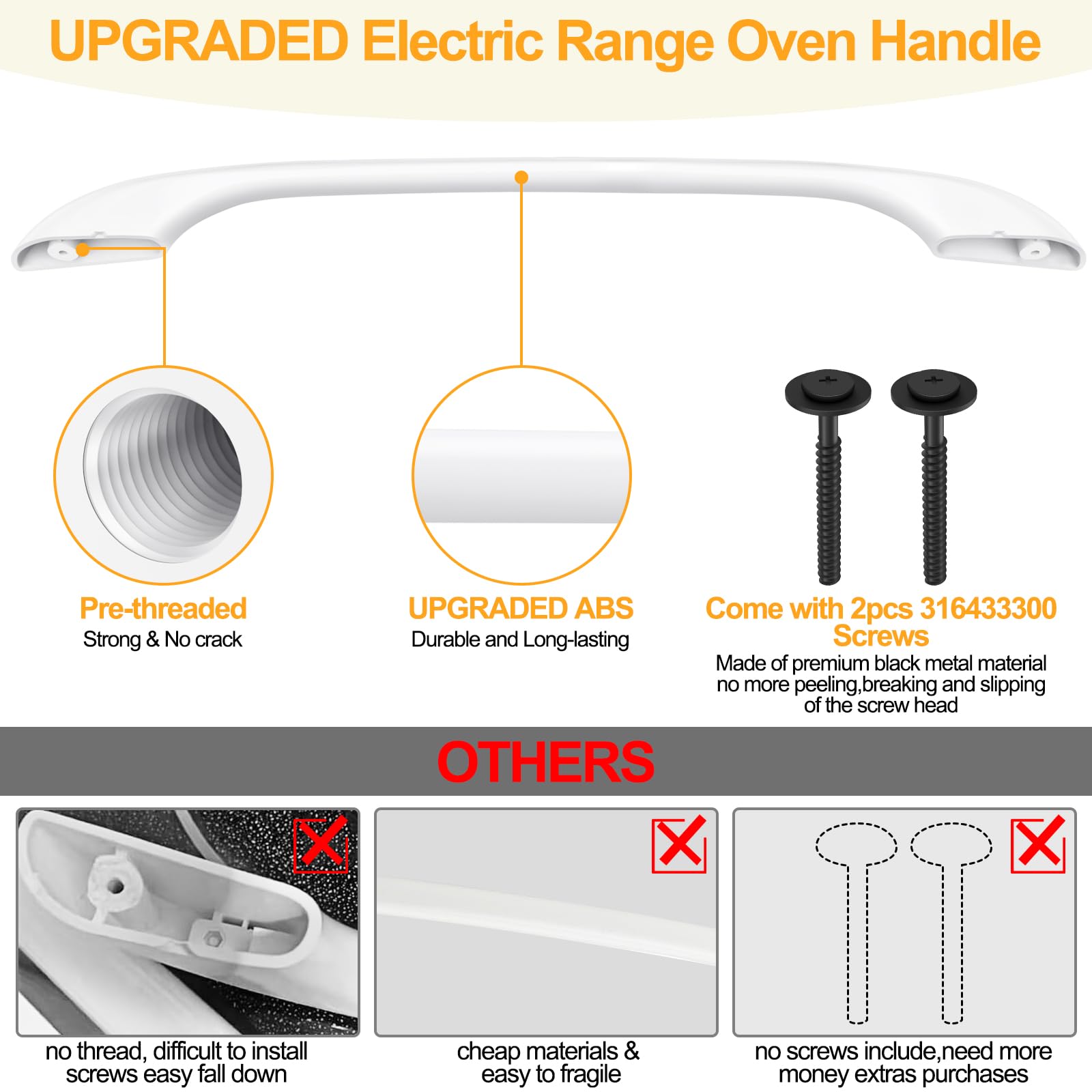 LXun 316443601 - Manija de puerta de horno mejorado - Compatible con Kenmore, Electrolux, Frigidaire - Mango de estufa eléctrica - Viene con 2 tornillos