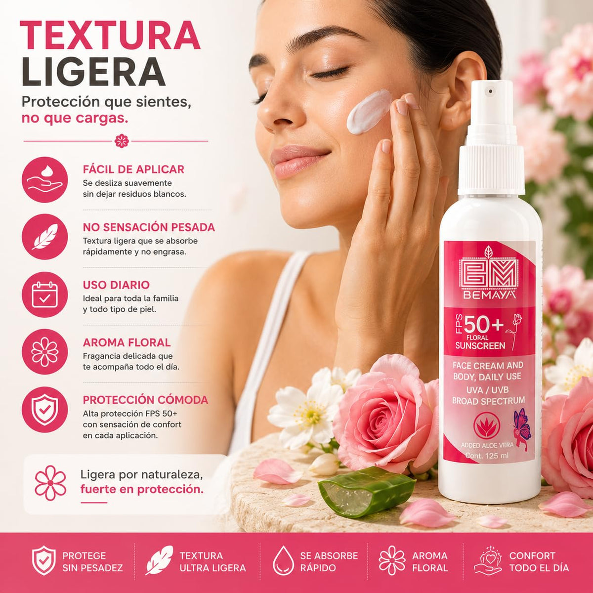 Bemaya Protector Solar Mineral Corporal FPS 50+ Biodegradable | Óxido de Zinc | Protección UVA/UVB | Aroma Floral | 125 ml