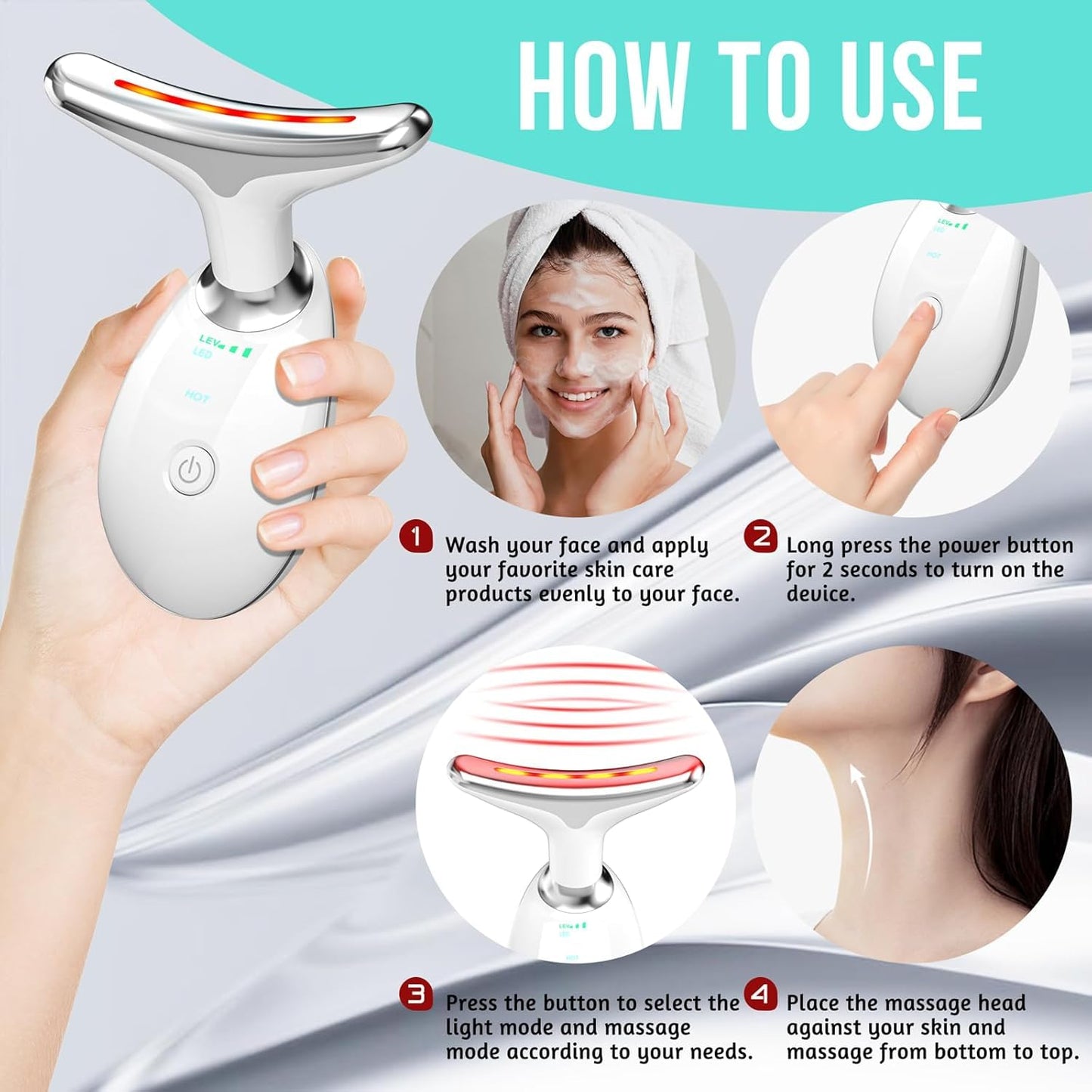 cotsoco Herramienta de masaje facial 7 en 1, terapia de luz roja para rostro y cuello, varita de terapia de luz roja, dispositivo de lifting facial para el cuidado de la piel, blanco