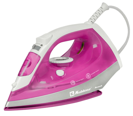 Koblenz - Plancha de Vapor Koblenz Ultra Keramik Pro de 1200 W y tanque de agua de 220ml con Suela Cerámica, Sistema que Evita el Sarro, Anti-calc, Cable con rotación de 360°, Rosa con Blanco (PKK-350 R)