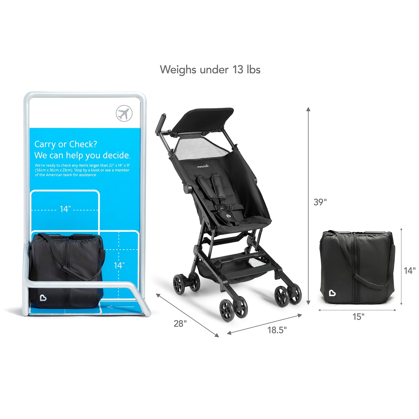 Carriola Munchkin Sparrow Negro Ultra Compacto Ligero para Bebés y Niños Pequeños