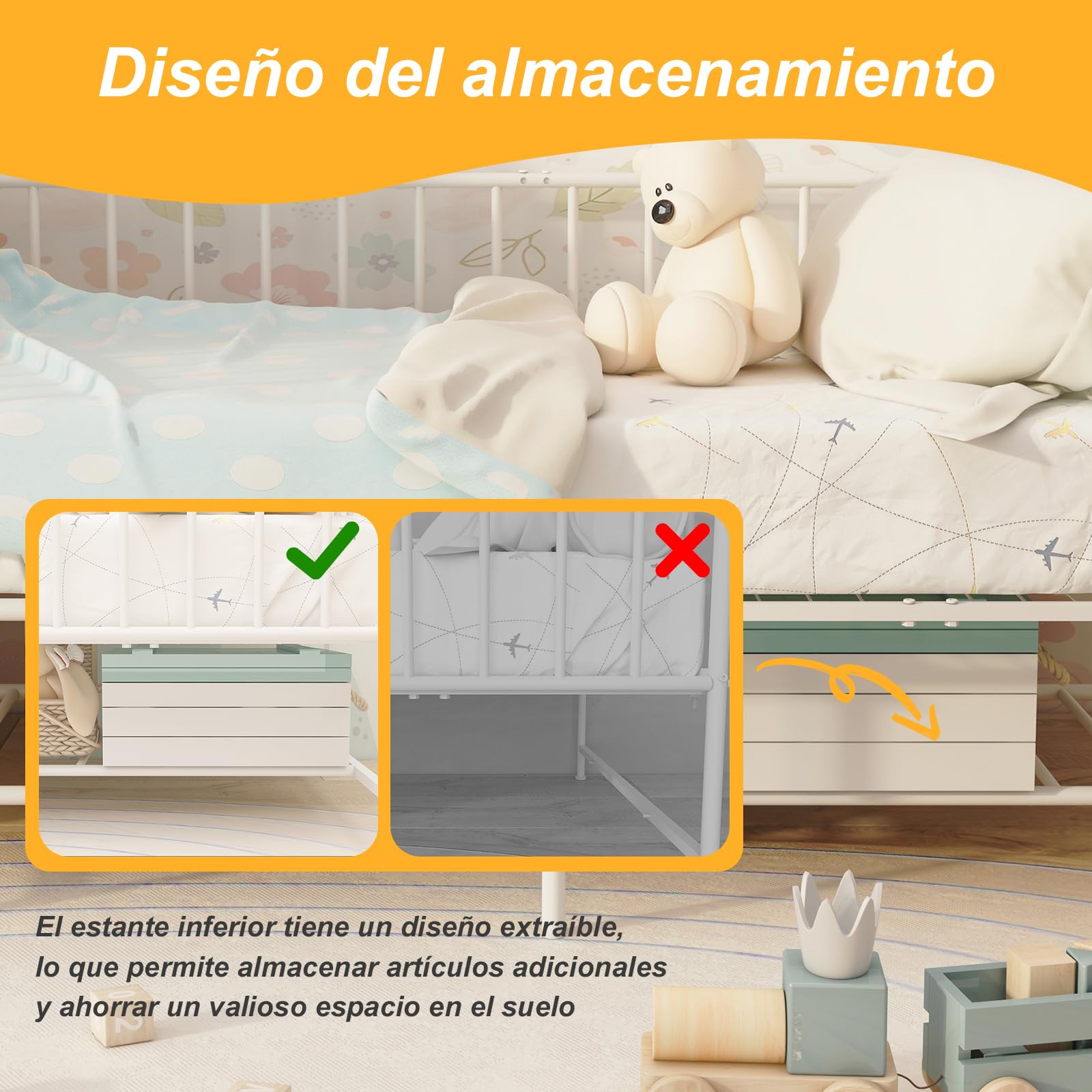 Uzelia Cuna Convertible para Bebé 4 en 1, Cuna para Bebé de Metal con Barandales de Seguridad, Cama Infantil, Daybed y Sofá para Niños, Estructura Resistente con Almacenamiento Inferior, Blanco