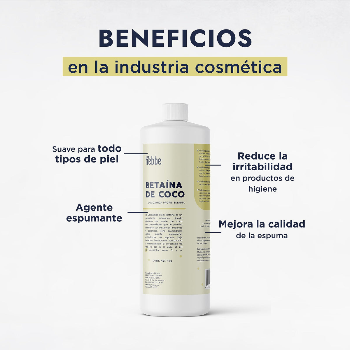 HEBBE Betaína de Coco 1 kg | Tensoactivo Anfótero Suave | Agente Espumante | Reduce Irritación | Soluble en Agua y Etanol | pH 5-8