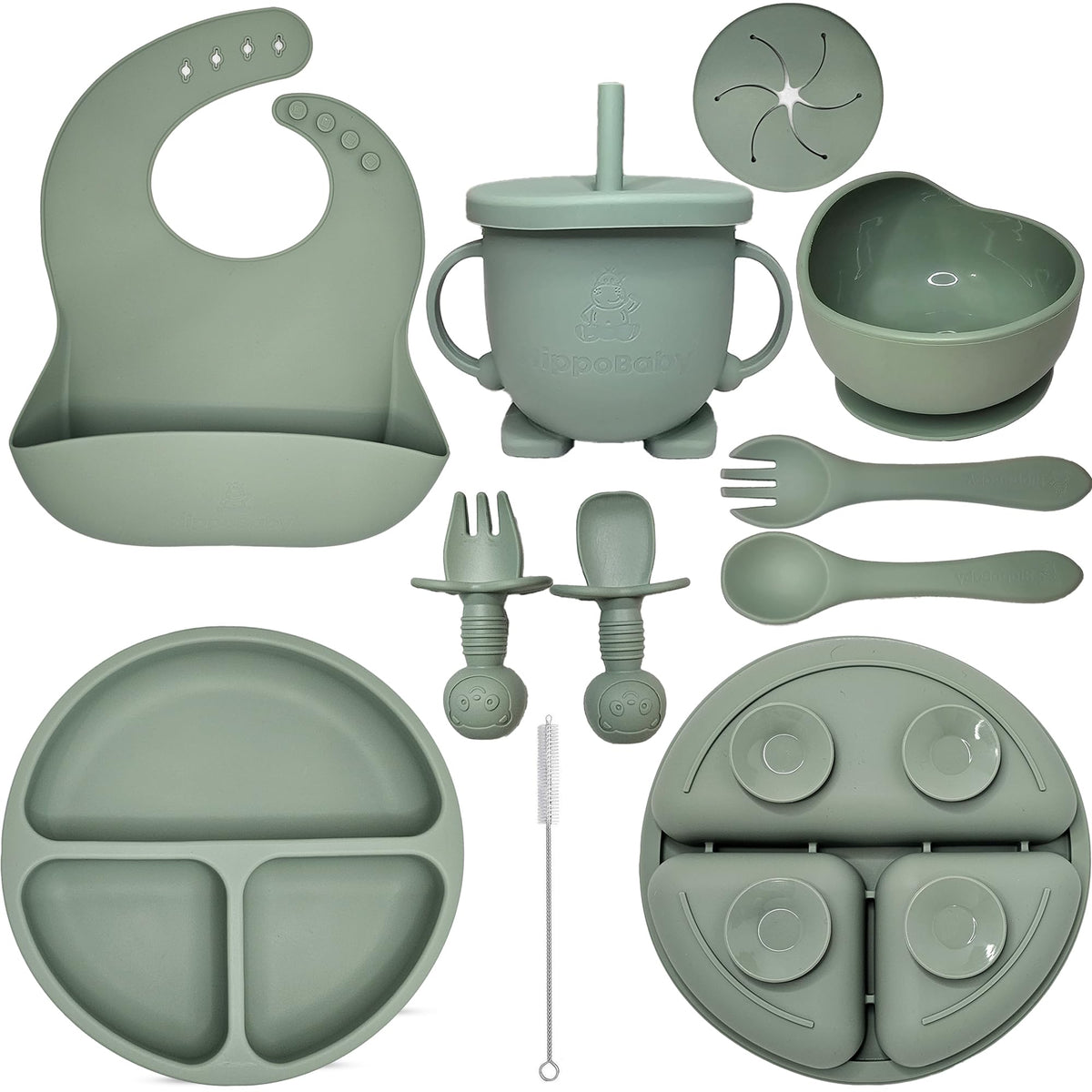 HippoBaby Suministros para destete guiado por el bebé | Juego de alimentación para bebé de 10 piezas de silicona, babero de bebé y niño, taza, plato dividido y tazón, cucharas para autoalimentación