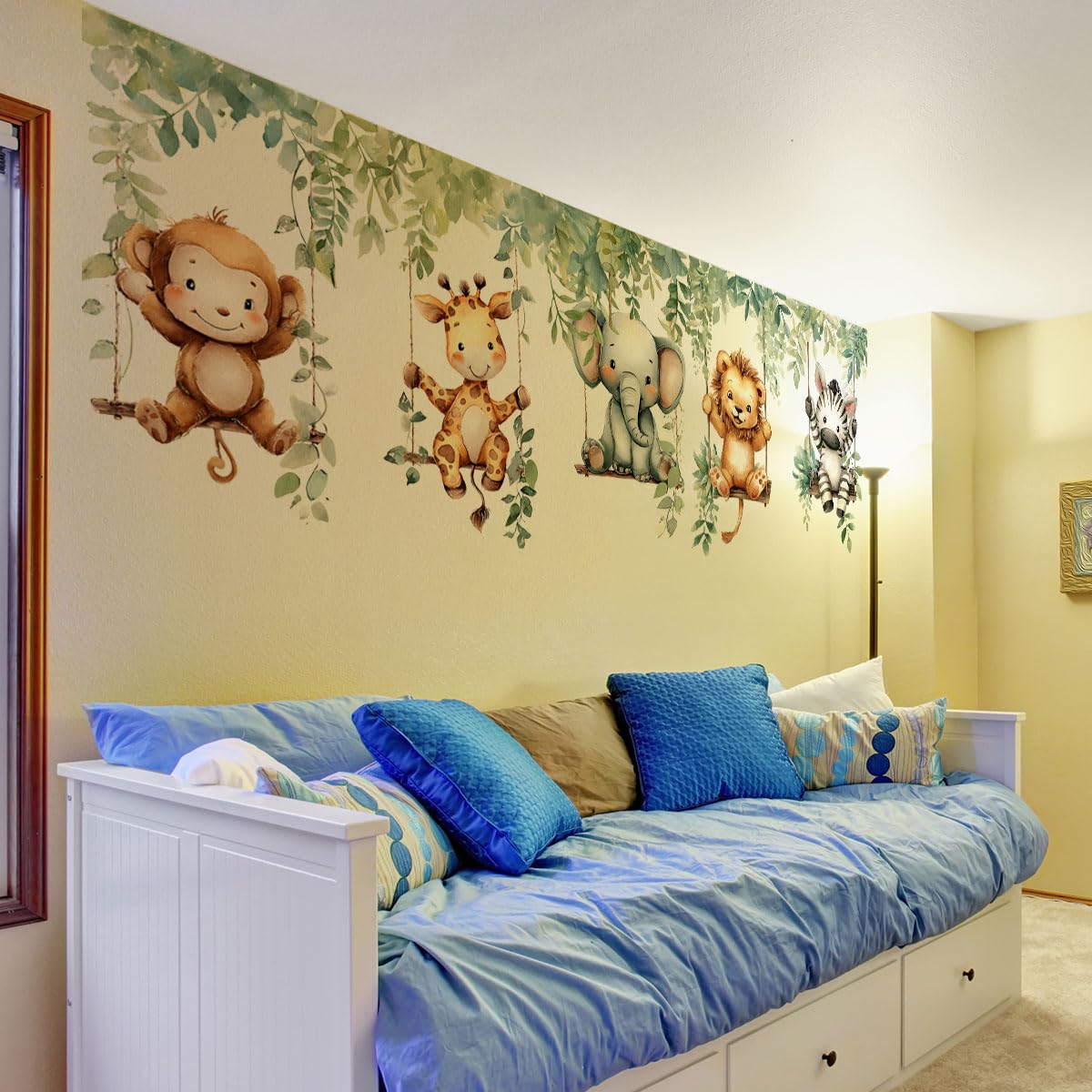 Calcomanías de pared de animales de la selva, elefantes de overol, leones, cebras, jirafas, hojas de vid, pegatinas de pared para niños, habitación de bebé, cuarto de bebé, sala de juegos, decoración