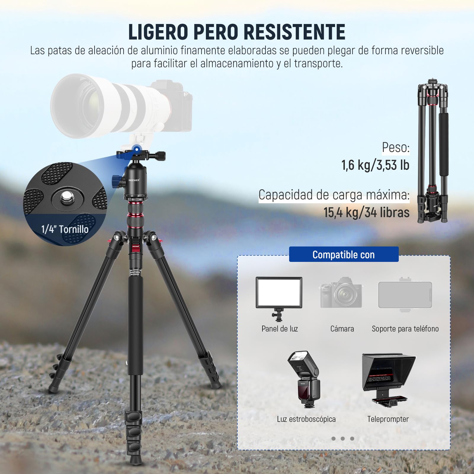 Trípode Monopie NEEWER Negro Viaje con Control Remoto y Cabezal 360° para Cámara DSLR de Aluminio