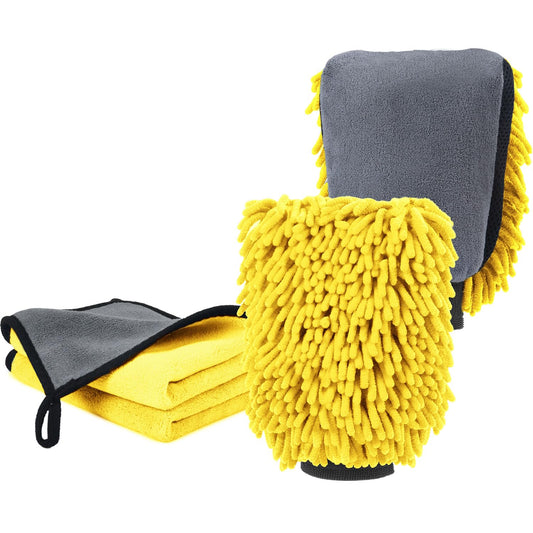 DASKING Kit Limpieza Coche, Guante y Toallas de Microfibra Premium de Lavado Coche, 2PCS Toallas (30 * 40cm) y 1PC Guante para la Limpieza de vehículo, Juego de Limpieza para Automóviles,Amarillo