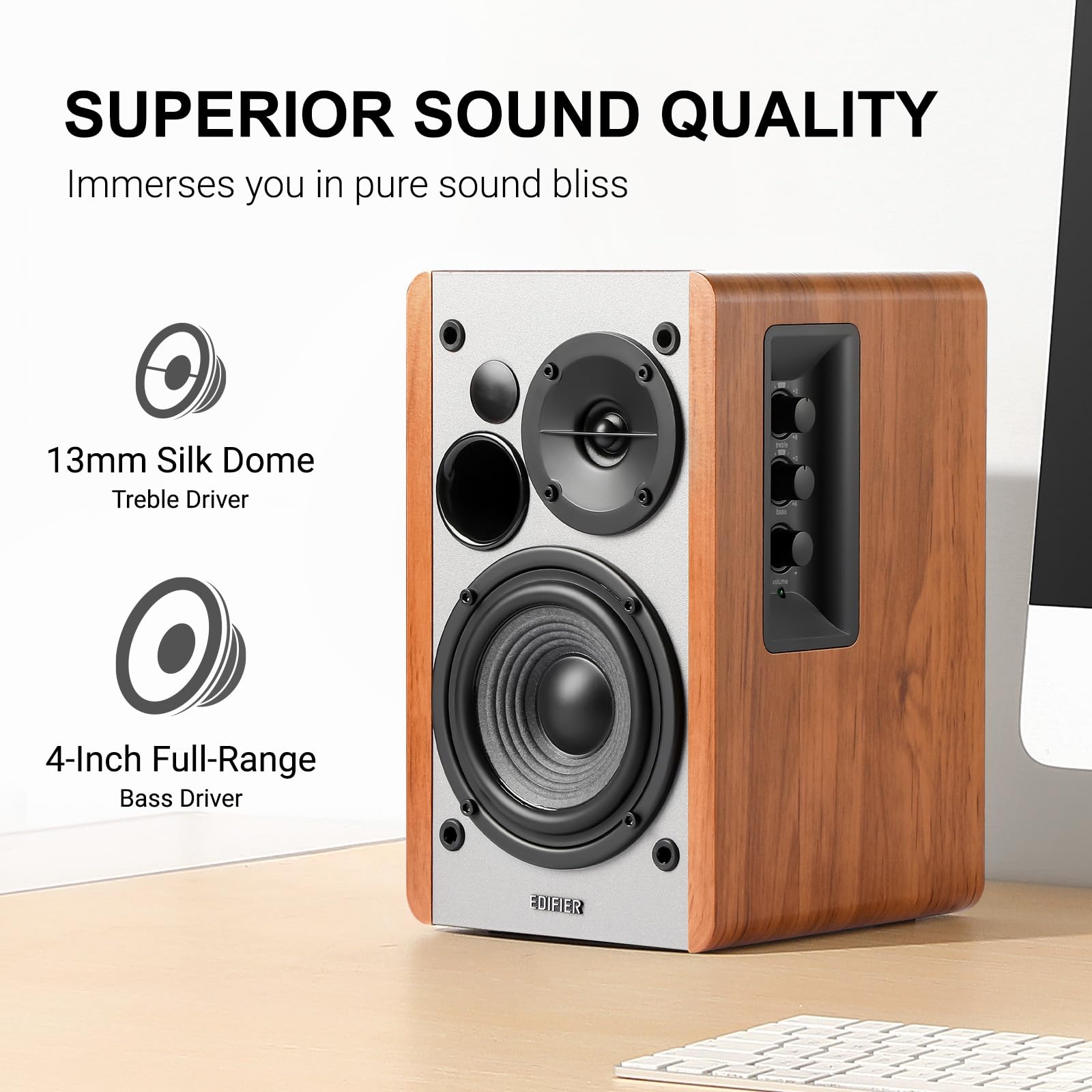 Edifier R1280T - Altavoces de estantería alimentados con WiiM Mini Wi-Fi Audio Streamer, transmite audio de alta resolución de Spotify, Amazon Music y más