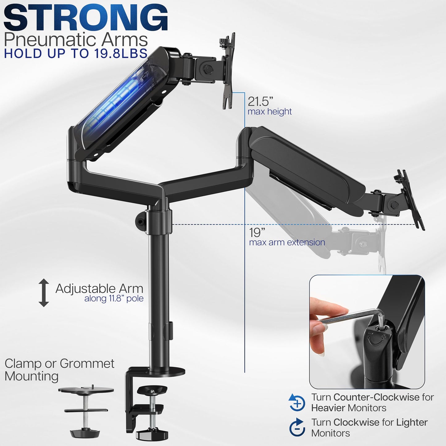 Soporte de Brazo para Monitor Dual VIVO Negro Ajuste Neumático Altura y Movilidad Completa para Hombre