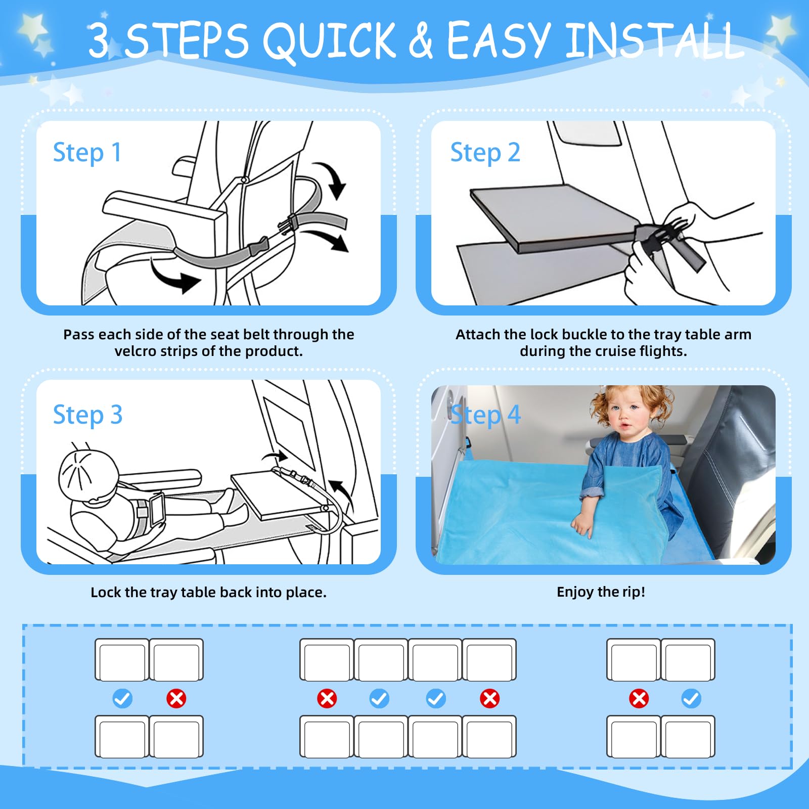 Untree - Cama de avión para niños pequeños con manta, extensor de asiento de avión para niños, artículos esenciales de viaje, color azul