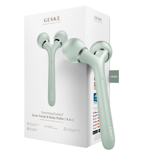 Rodillo Facial y Corporal Sónico GESKE SmartAppGuided 4 en 1 en Blanco para Reafirmar y Definir Cuerpo y Rostro